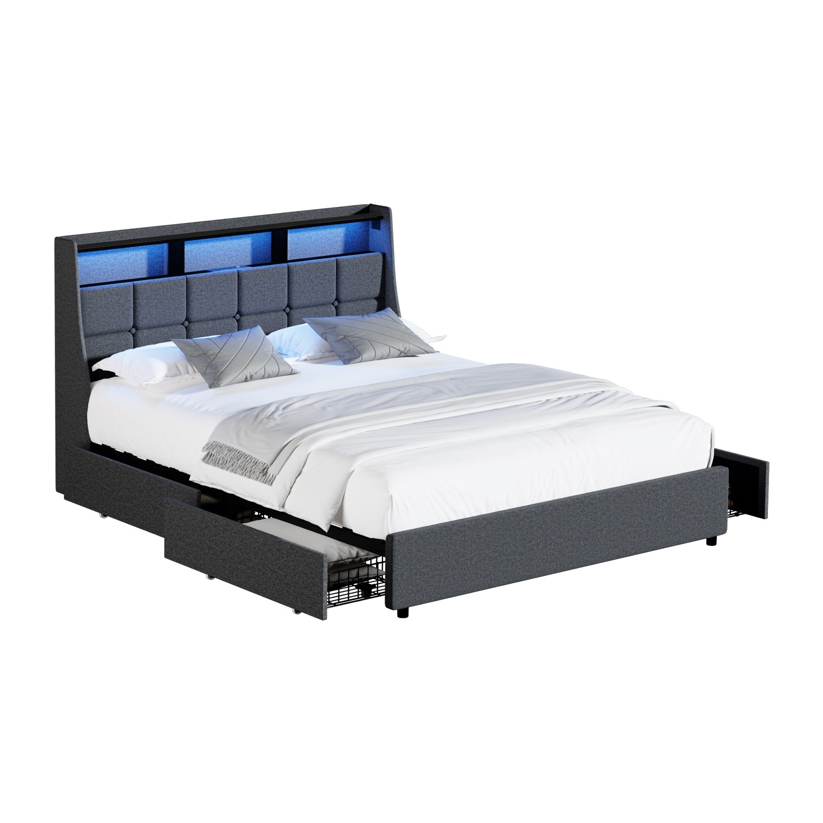 Oikiture Queen Size Bed Frame Headboard RGB LED Lights with Drawer USB Charge - Sunyee