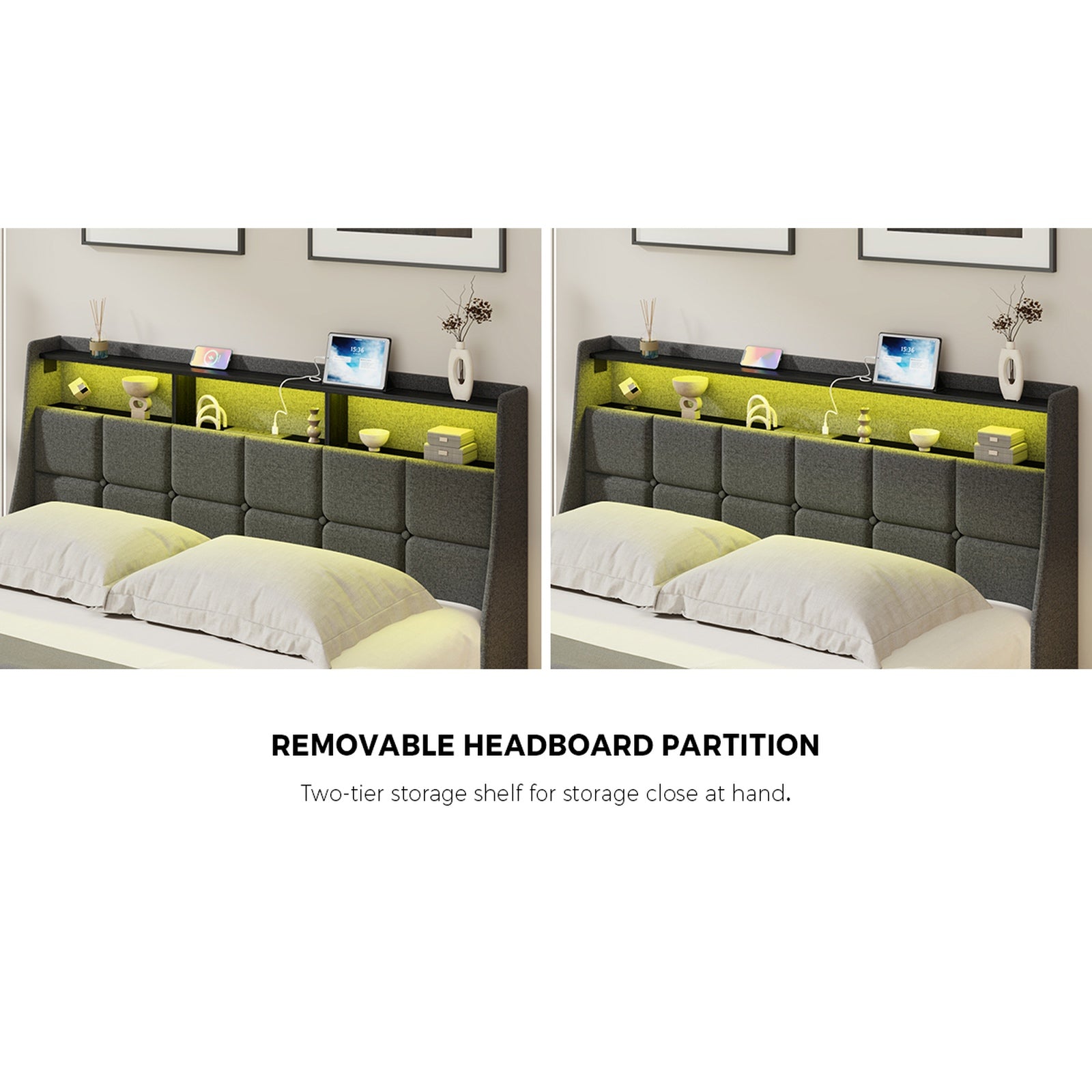 Oikiture Queen Size Bed Frame With LED Storage Headboard USB Charging - Sunyee