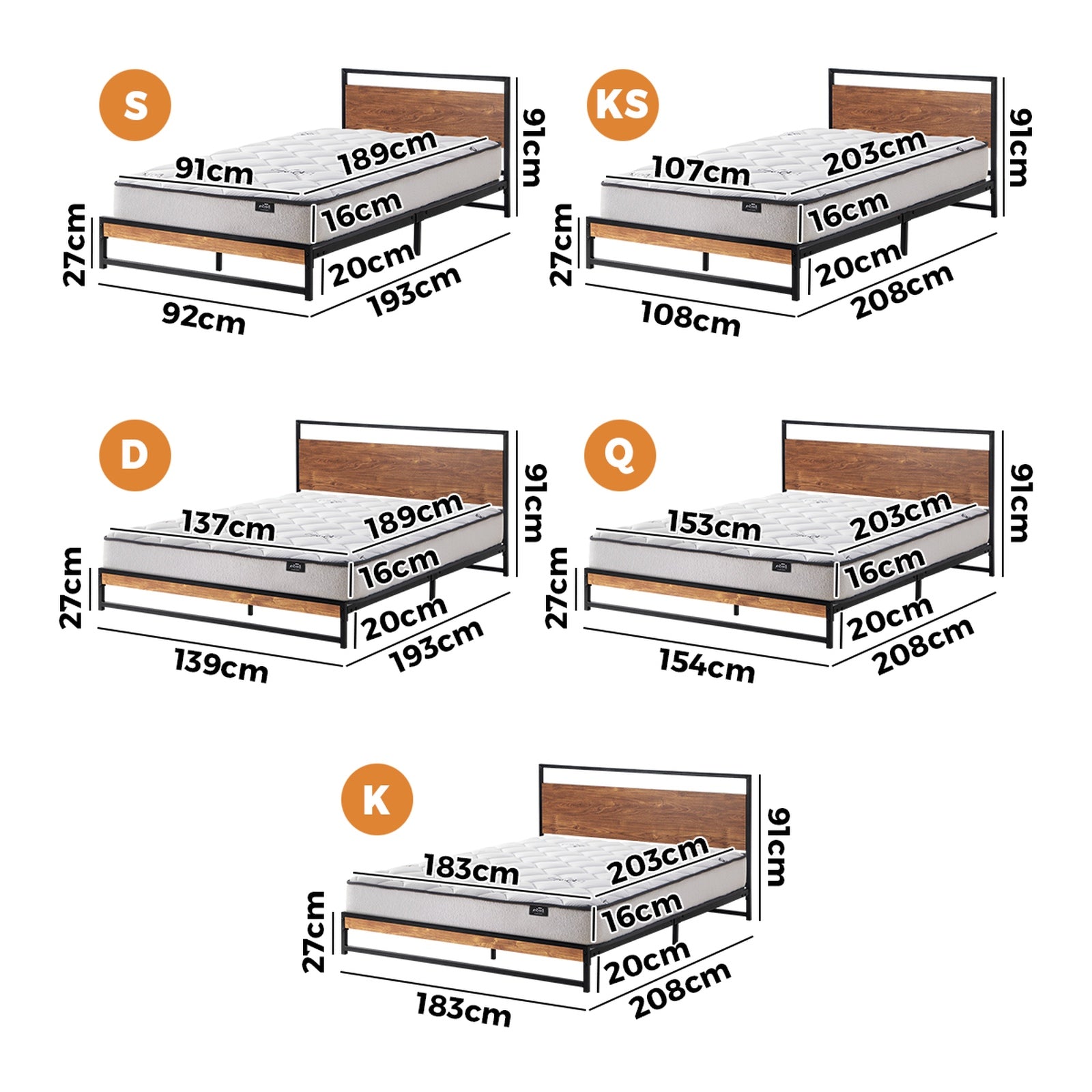 Oikiture Metal Bed Frame Queen Double King Single Platform with Mattress Set - Sunyee
