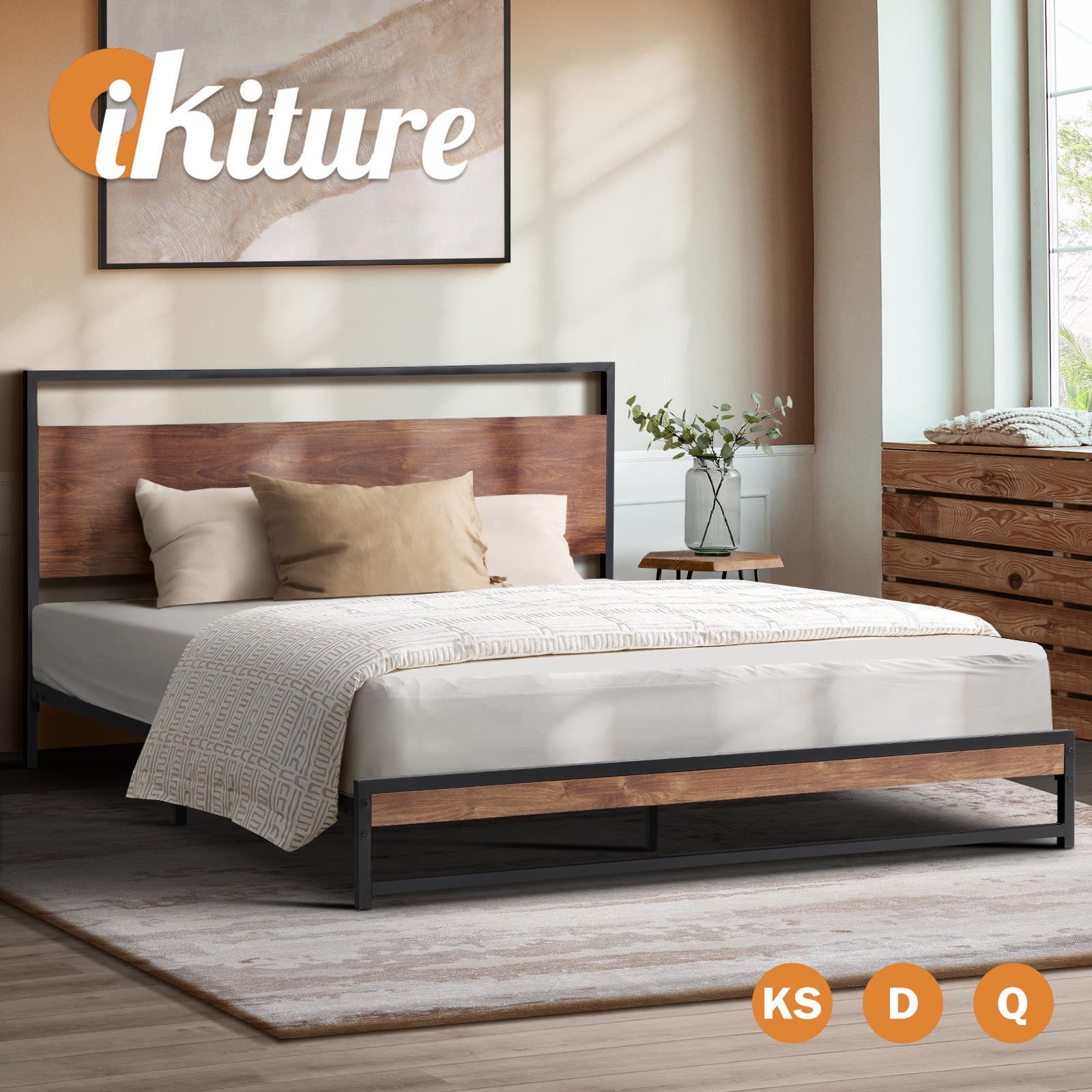 Oikiture Metal Bed Frame Queen Double King Single Size Beds Base Platform Wood - Sunyee