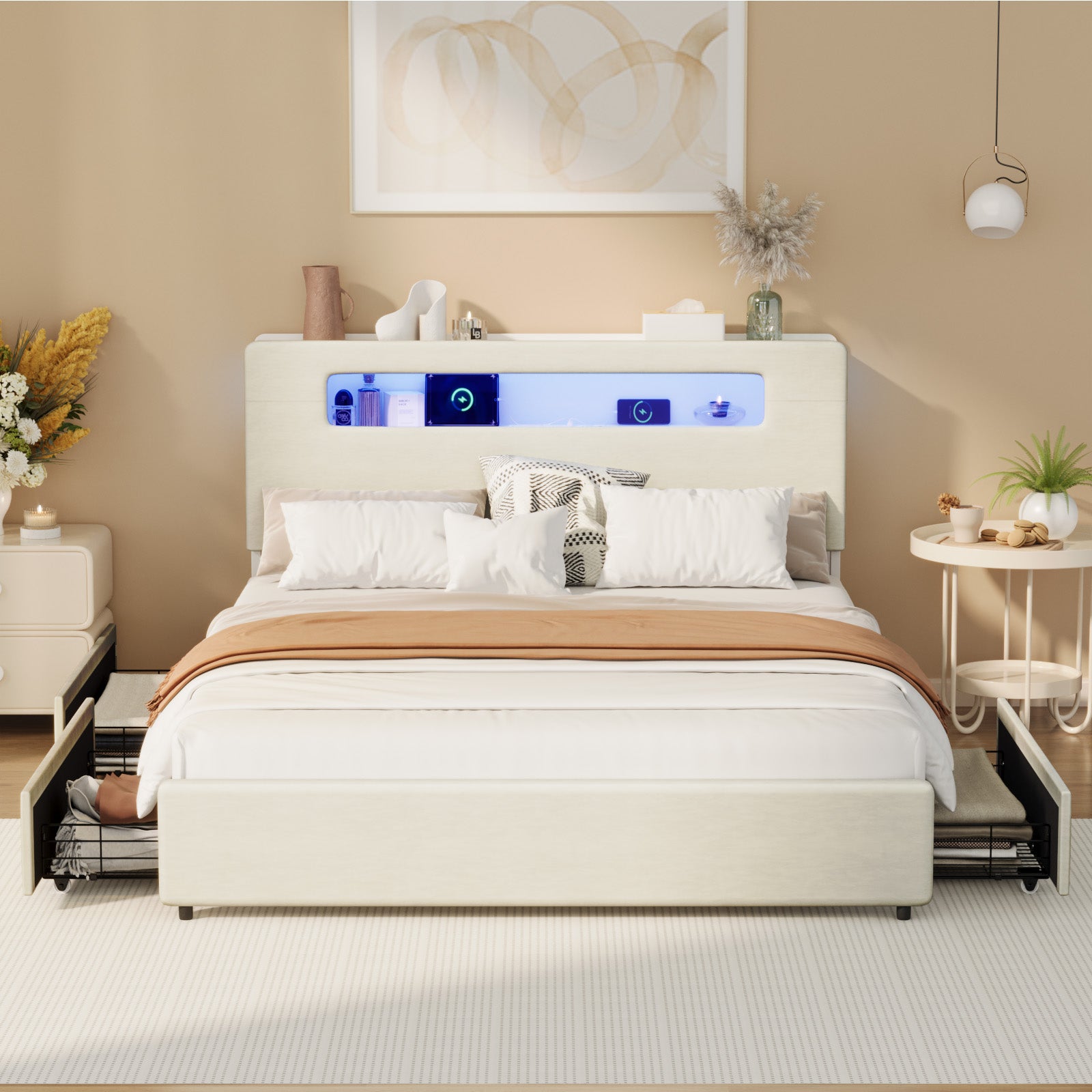 Oikiture Bed Frame Drawers Double Queen King with LED Charging Storage Bedhead - Sunyee