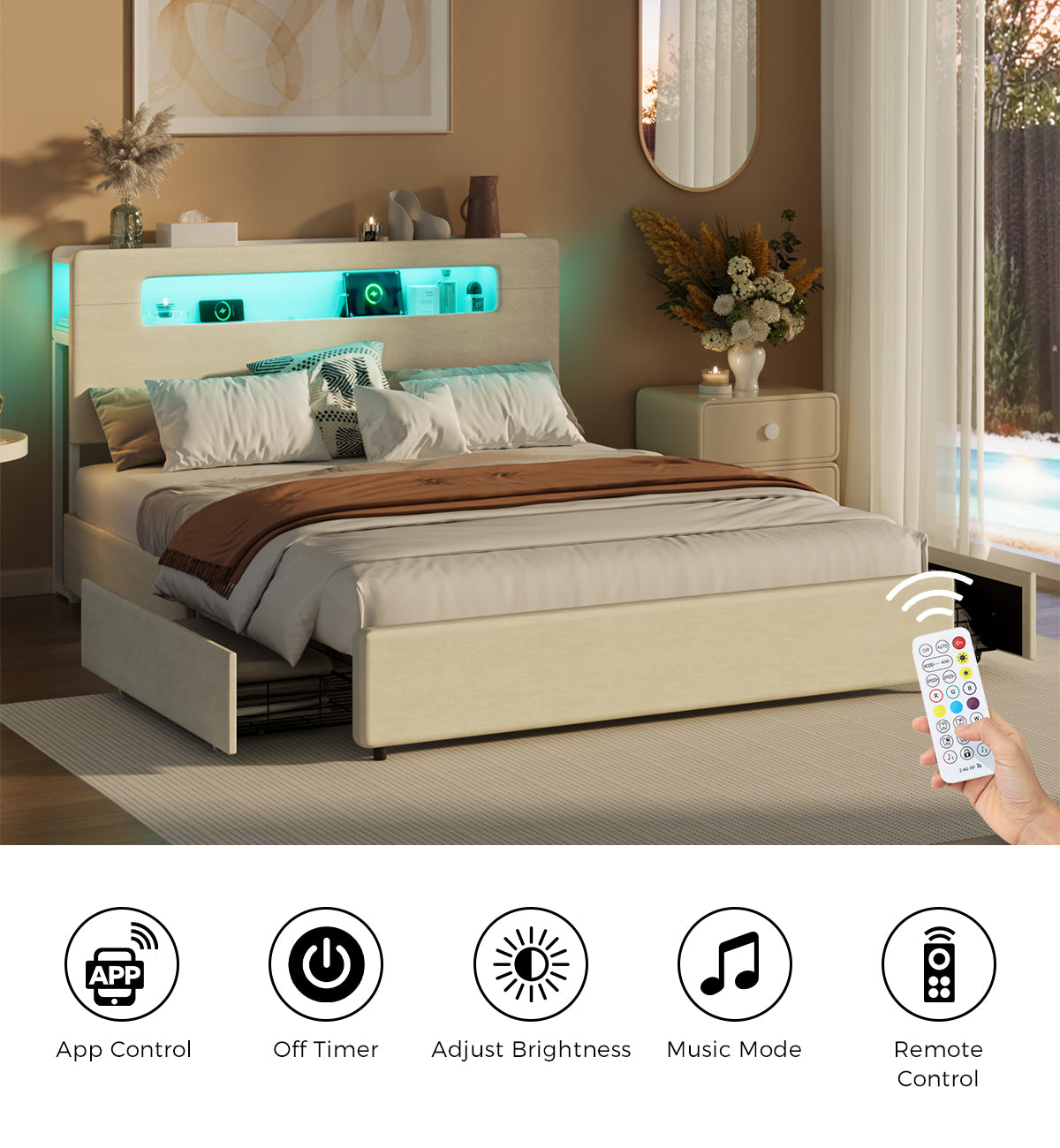Oikiture Bed Frame Drawers Double Queen King with LED Charging Storage Bedhead - Sunyee