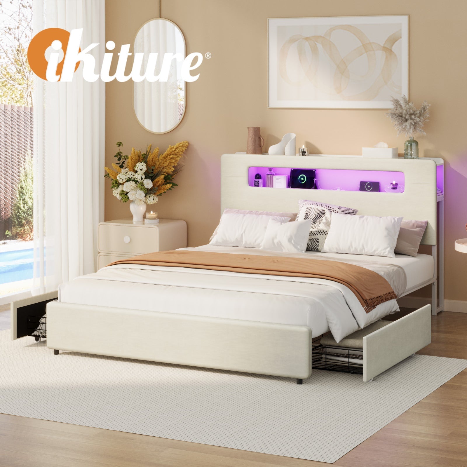 Oikiture Bed Frame 2 Drawers Double Size with LED Charging Storage Bedhead - Sunyee