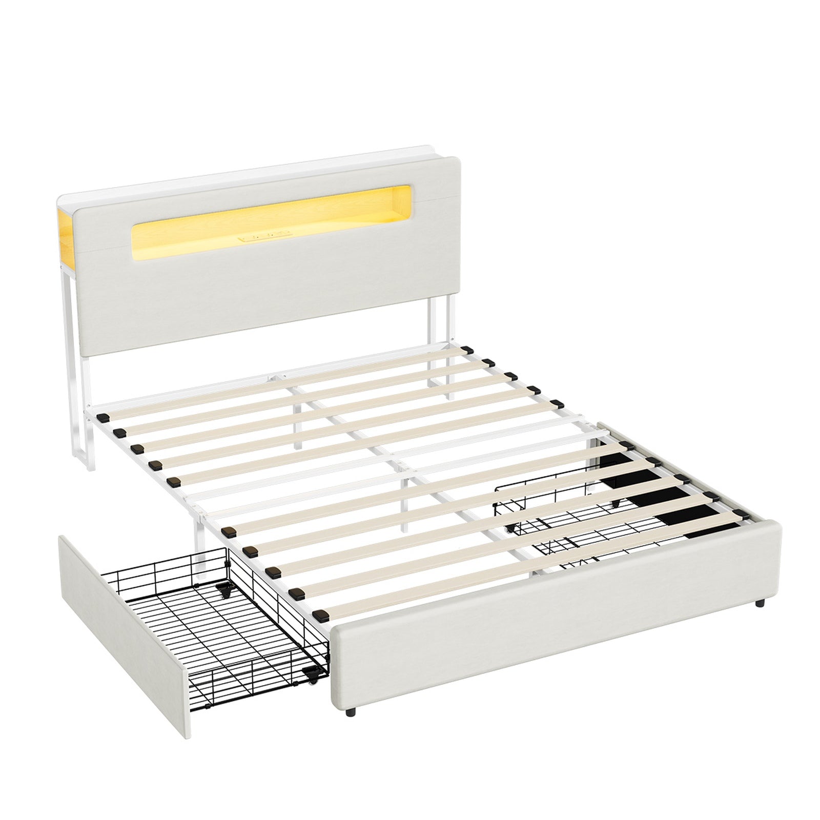 Oikiture Bed Frame Drawers Double Queen King with LED Charging Storage Bedhead - Sunyee