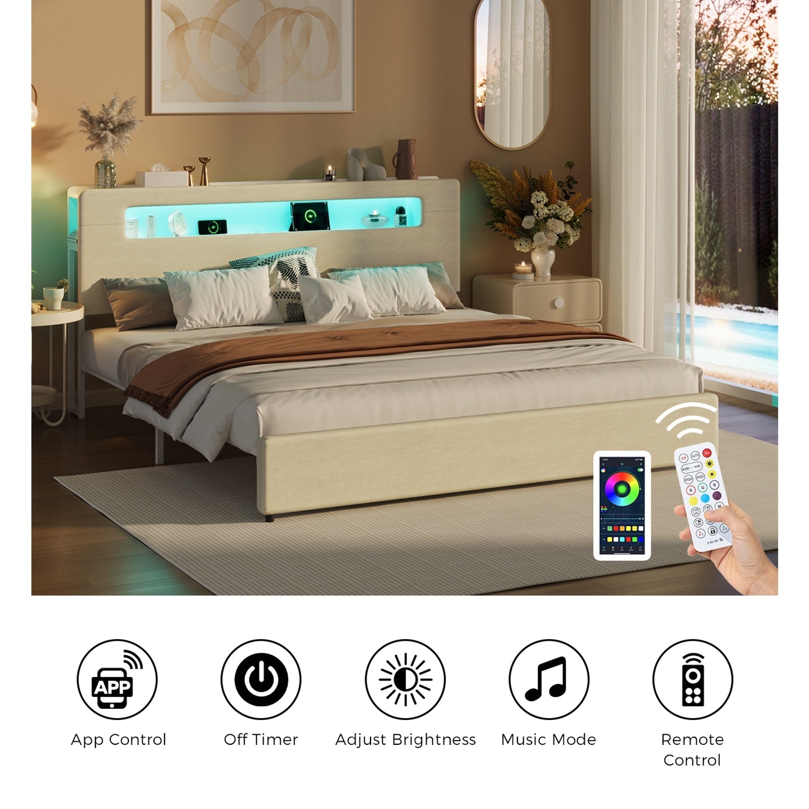 Oikiture Bed Frame Double Size with LED Lights USB Charging Storage Headboad - Sunyee