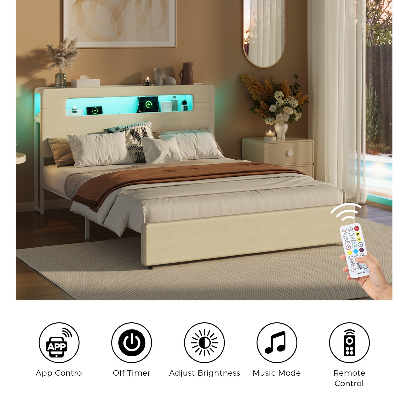 Oikiture Bed Frame Double Size with LED Lights USB Charging Storage Headboad - Sunyee