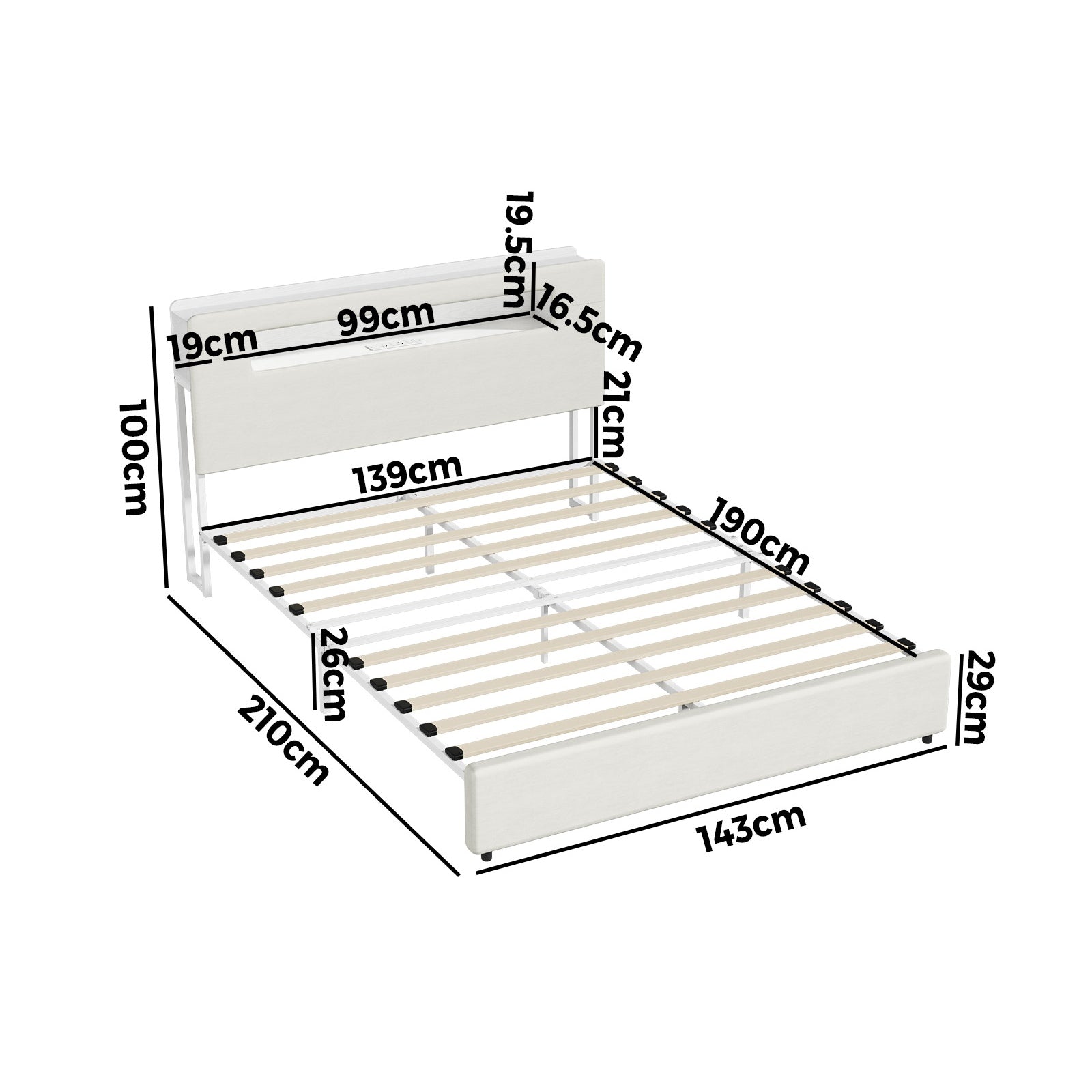 Oikiture Bed Frame Double Size with LED Lights USB Charging Storage Headboad - Sunyee