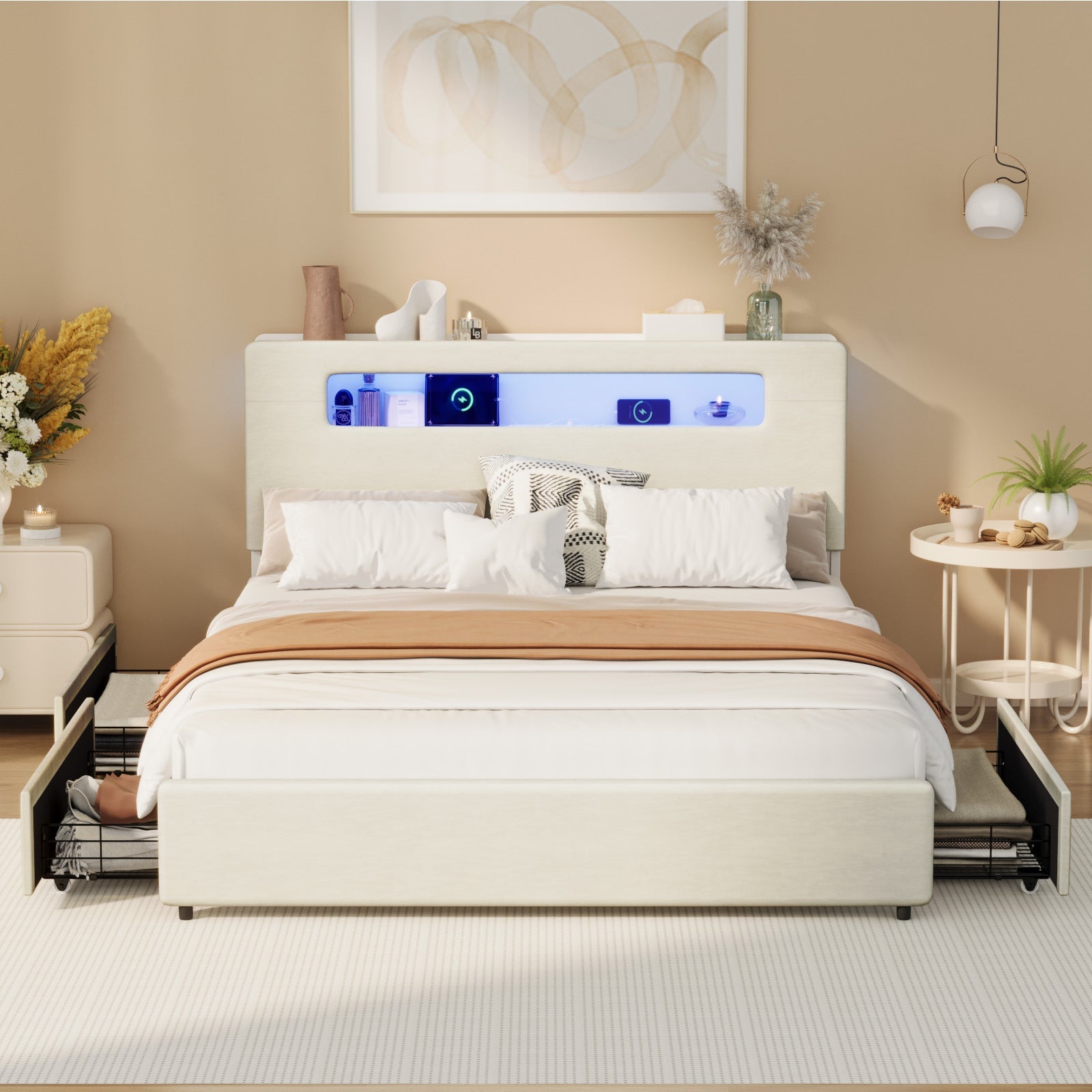 Oikiture Bed Frame Drawers Double Queen King with LED Charging Storage Bedhead - Sunyee