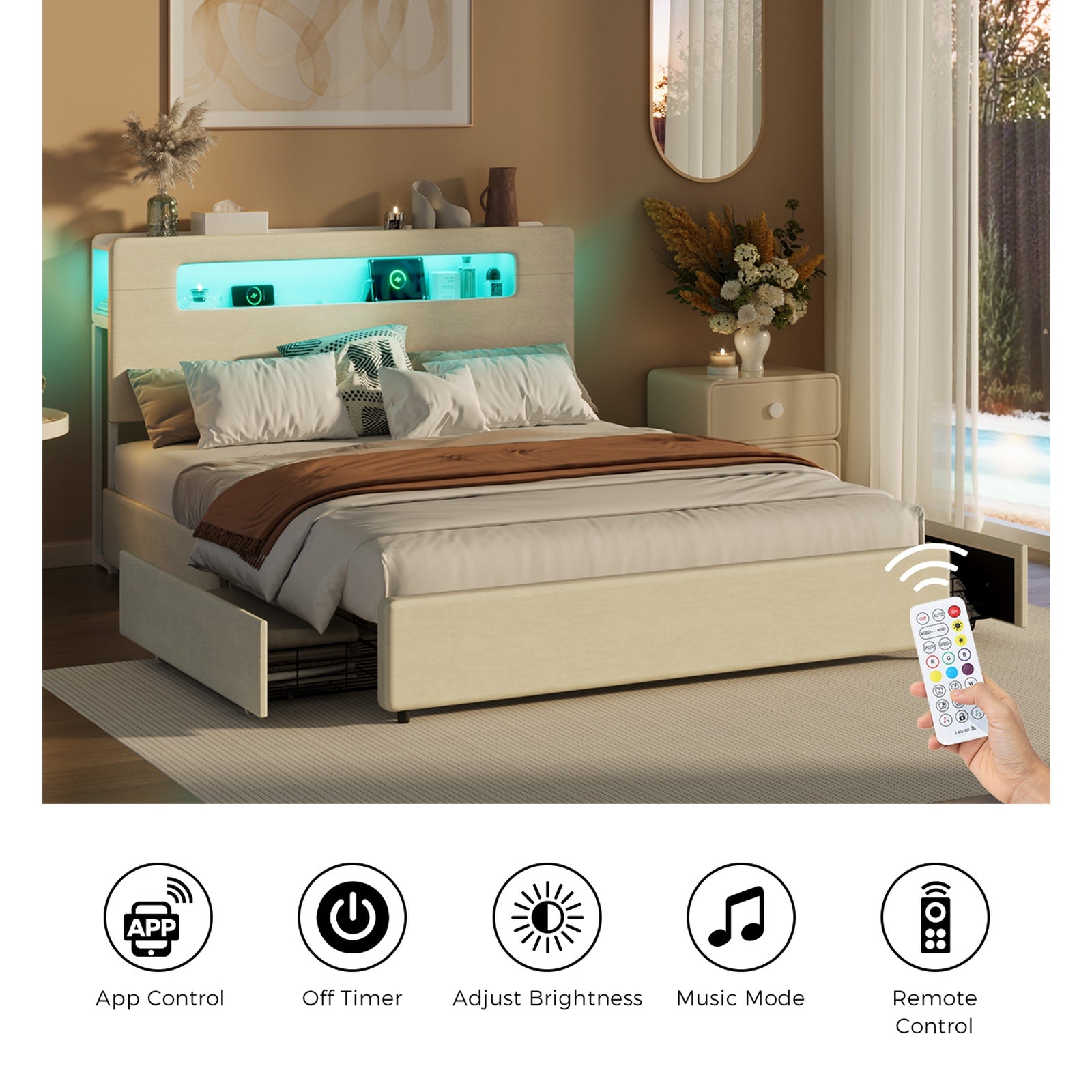 Oikiture Bed Frame Drawers Double Queen King with LED Charging Storage Bedhead - Sunyee