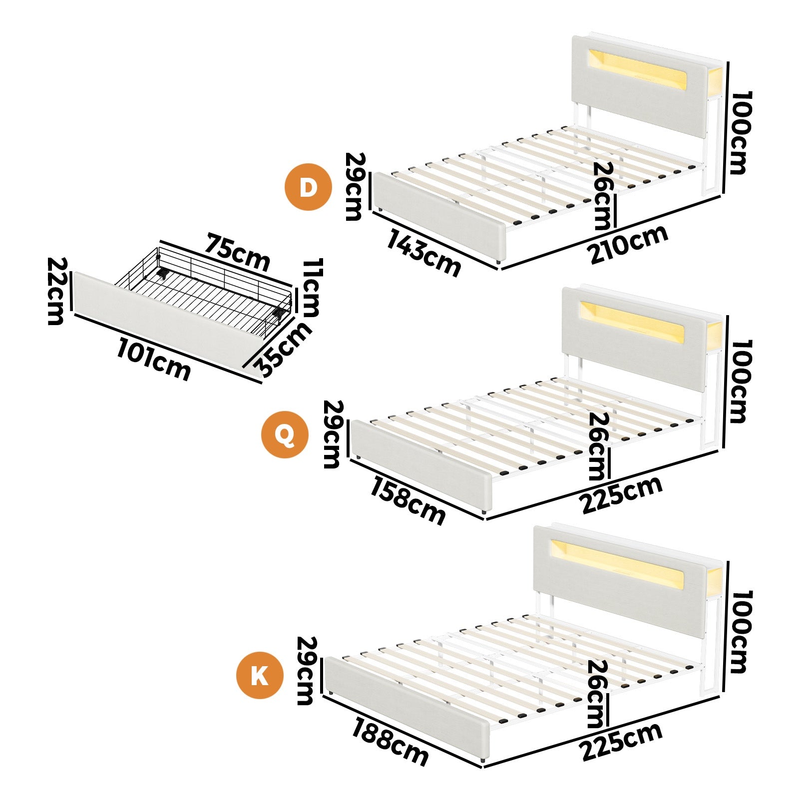 Oikiture Bed Frame Drawers Double Queen King with LED Charging Storage Bedhead - Sunyee
