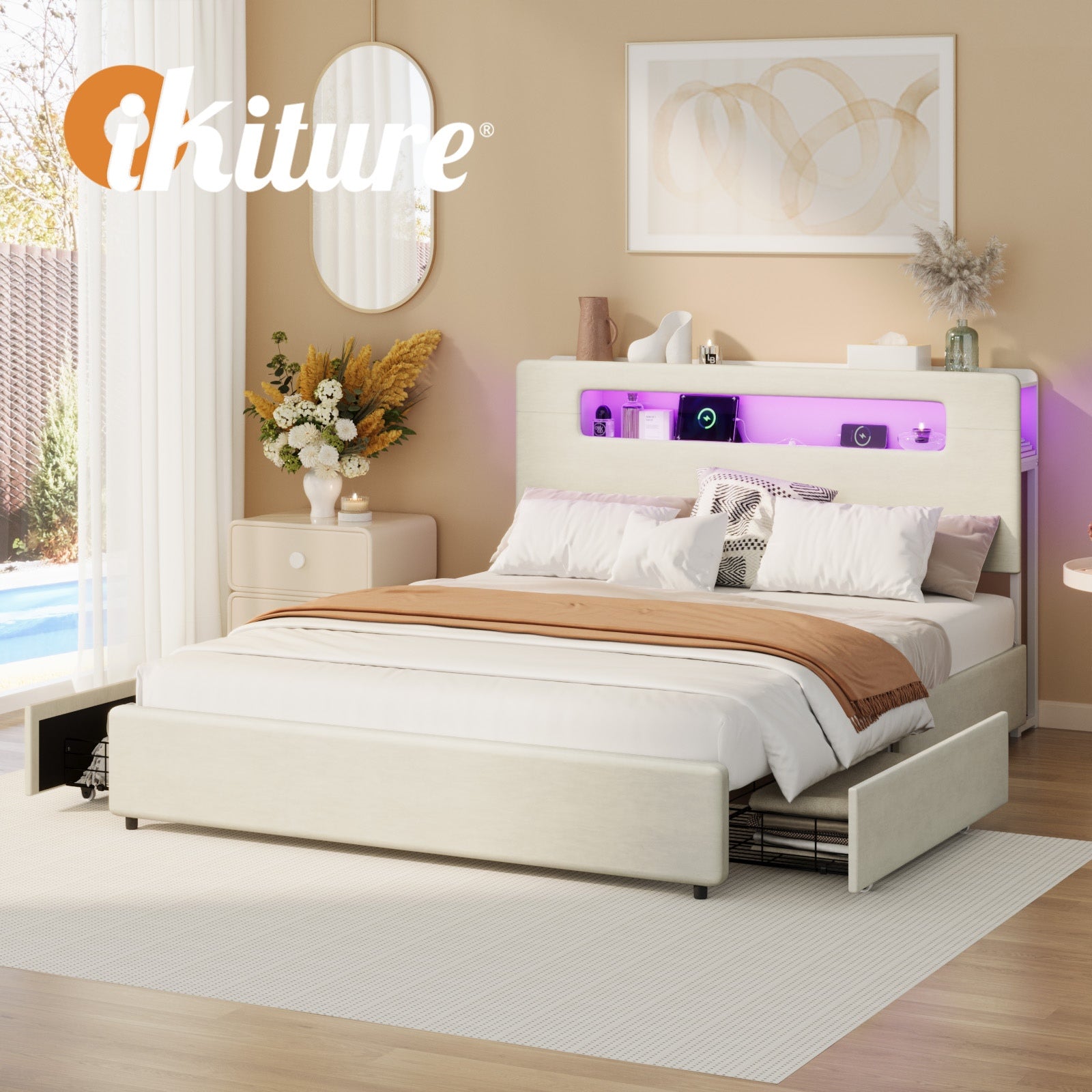 Oikiture Bed Frame Drawers Double Queen King with LED Charging Storage Bedhead - Sunyee