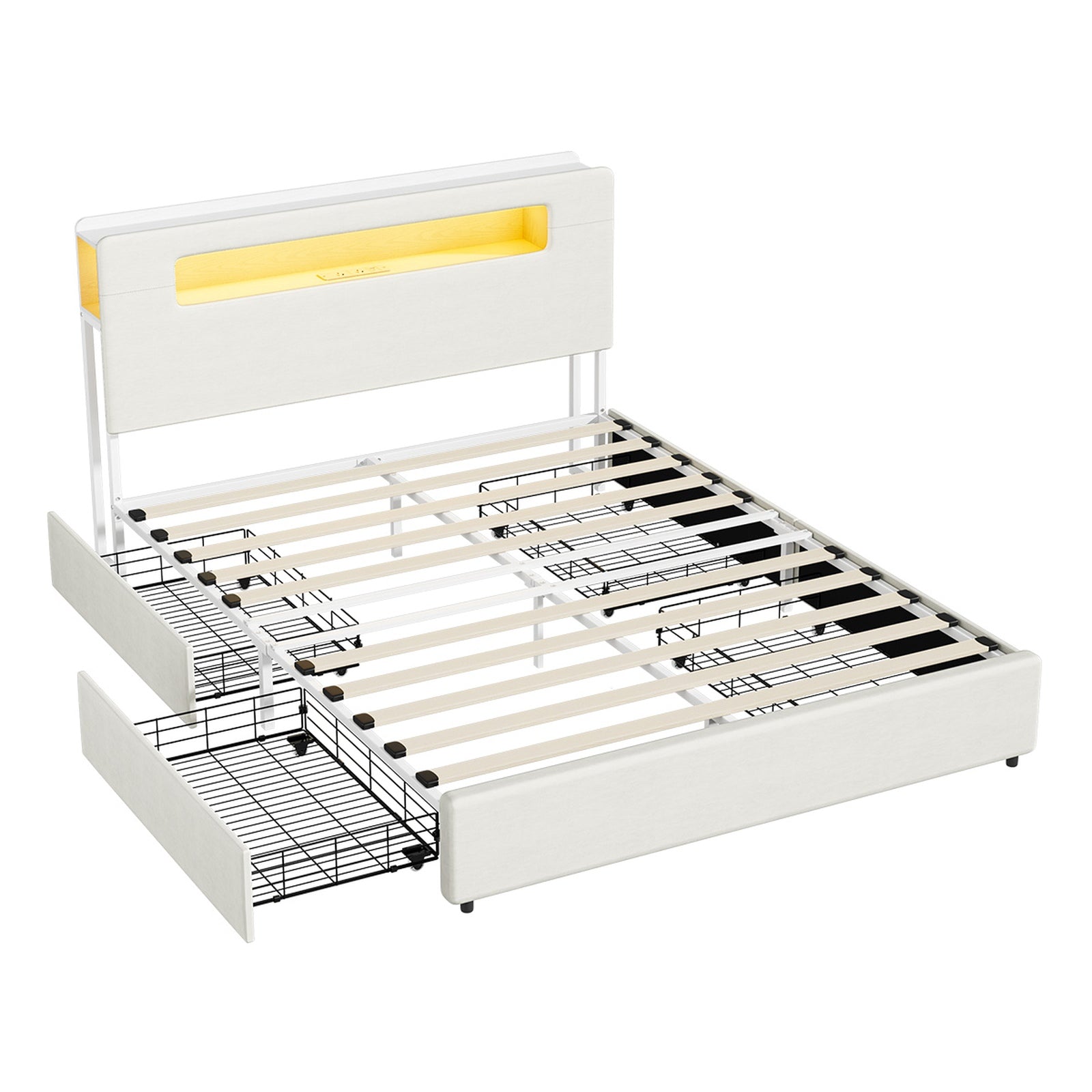 Oikiture Bed Frame Drawers Double Queen King with LED Charging Storage Bedhead - Sunyee