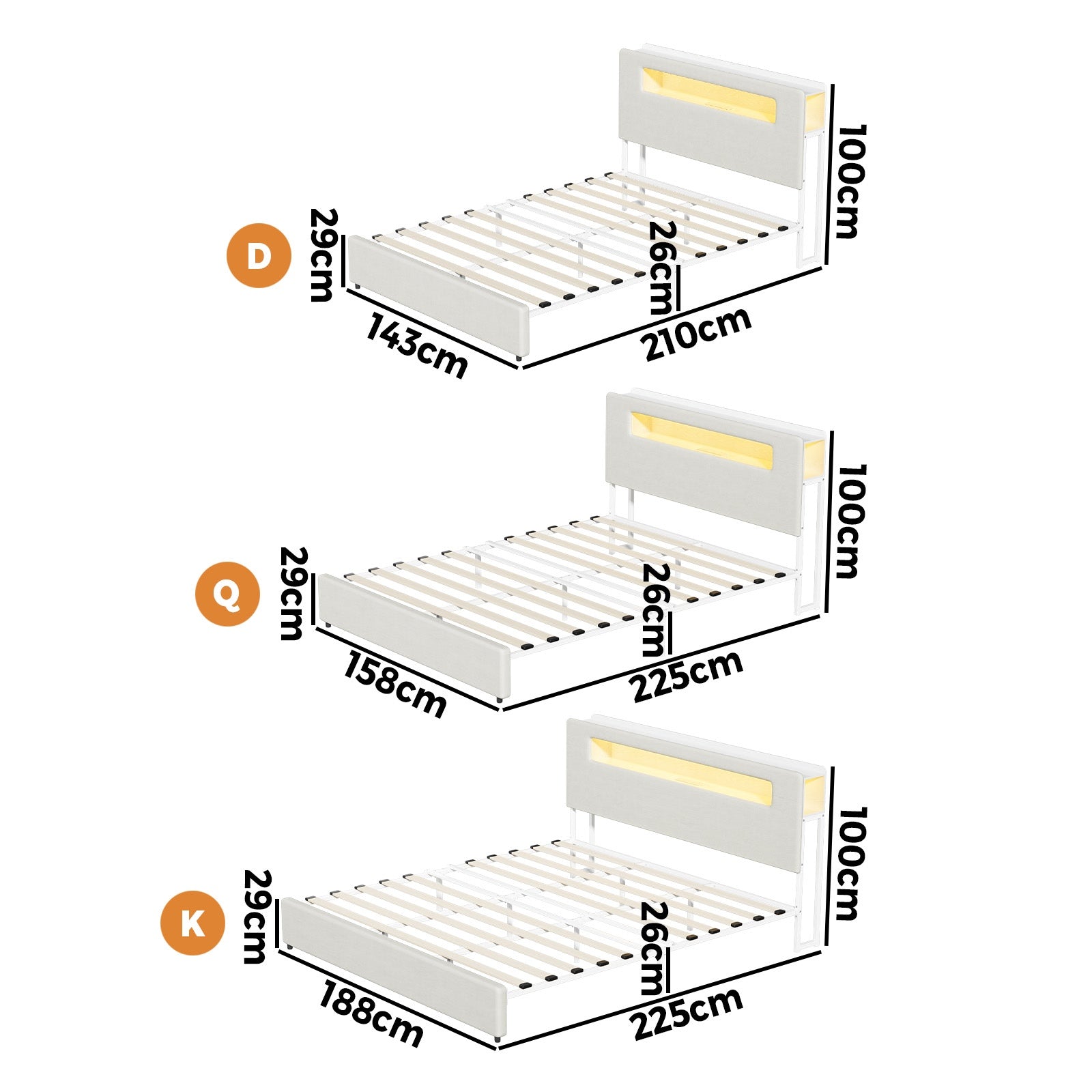 Oikiture Bed Frame Double Queen King with LED Lights USB Storage Headboad - Sunyee