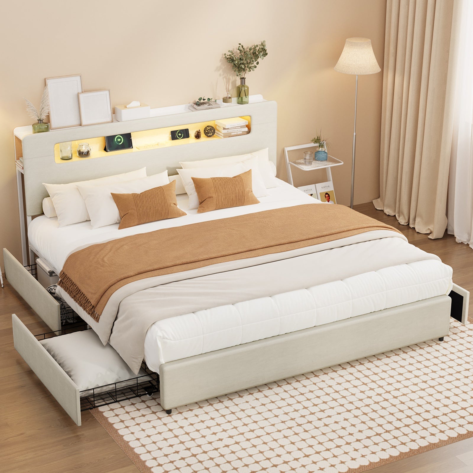 Oikiture Bed Frame Drawers Double Queen King with LED Charging Storage Bedhead - Sunyee