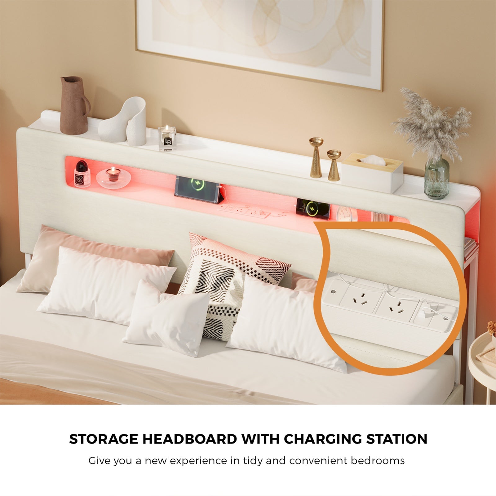 Oikiture Bed Frame 4 Drawers King Size with LED Charging Storage Bedhead - Sunyee