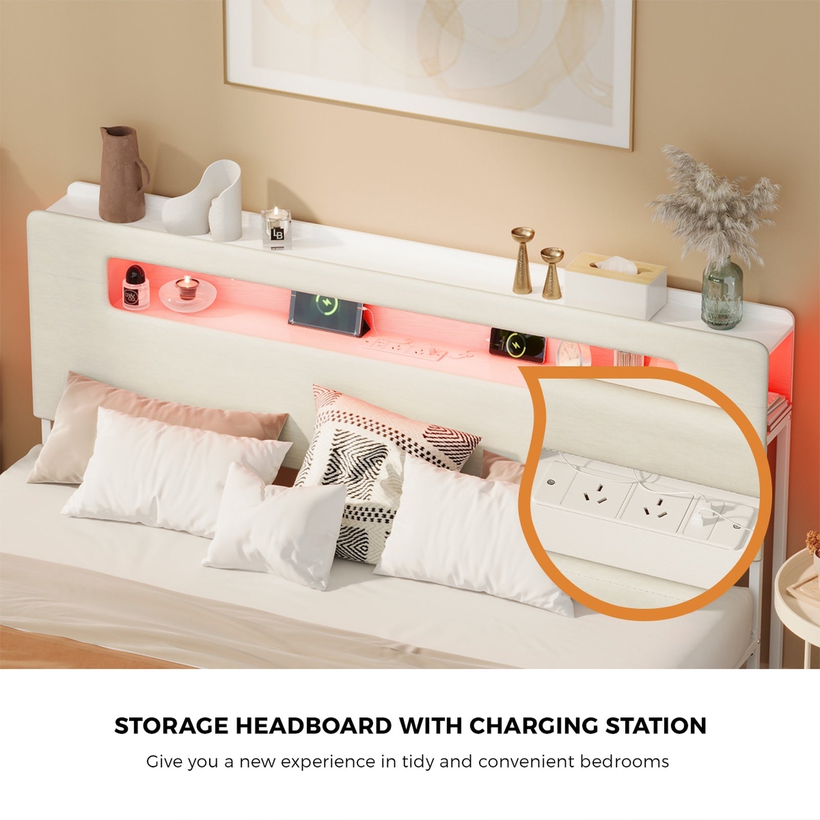 Oikiture Bed Frame King Size with LED Lights USB Charging Storage Headboad - Sunyee