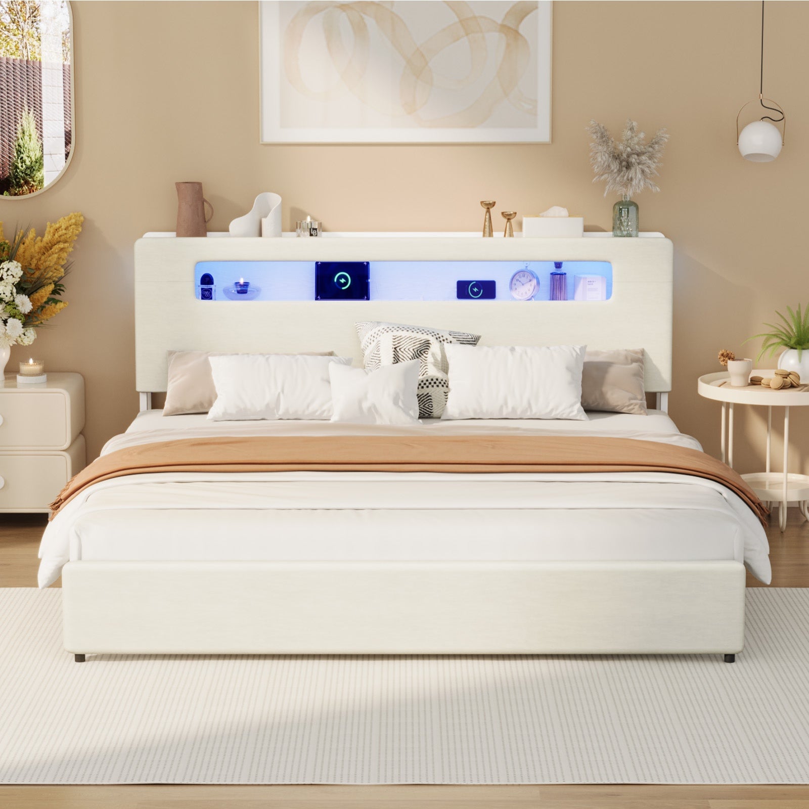 Oikiture Bed Frame King Size with LED Lights USB Charging Storage Headboad - Sunyee