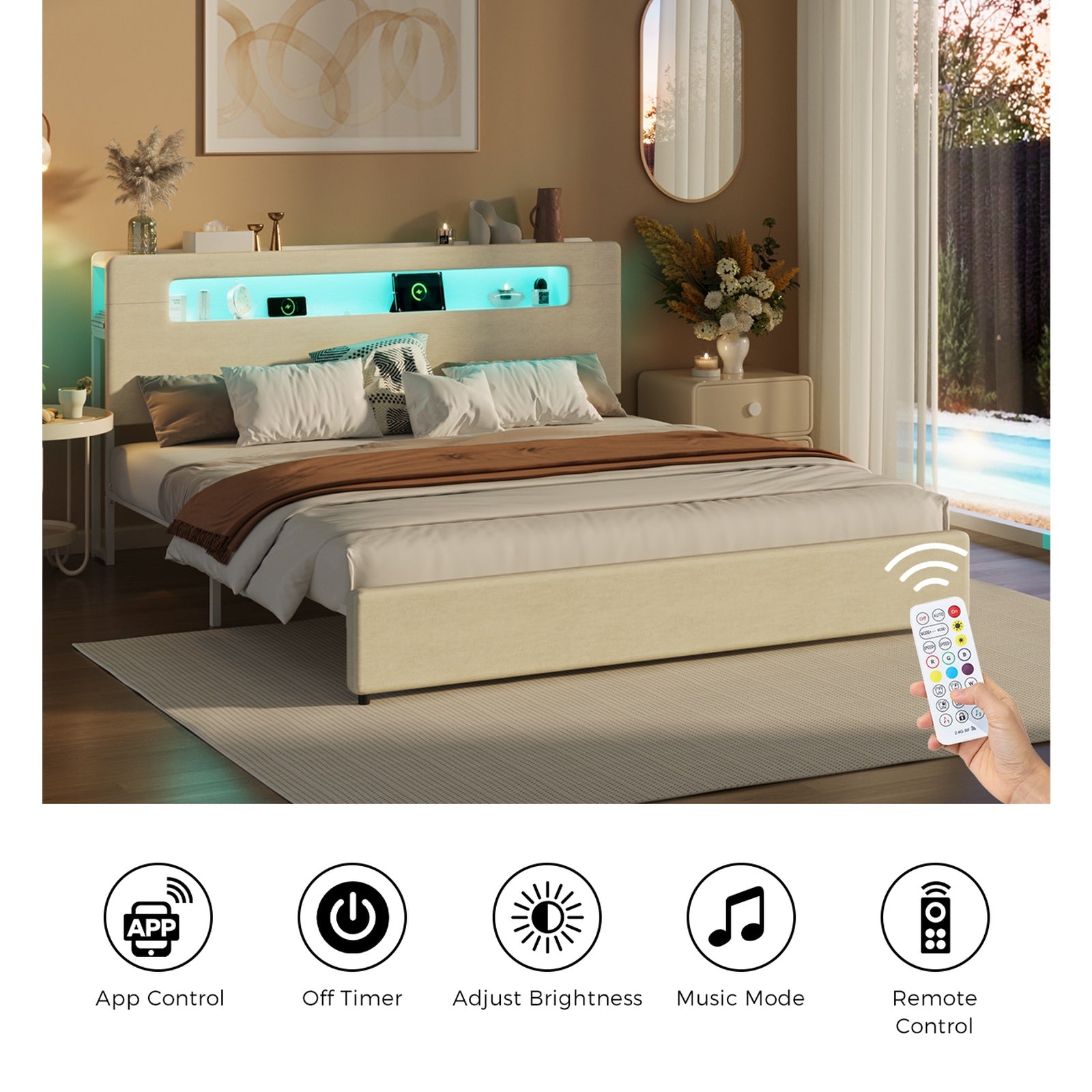 Oikiture Bed Frame King Size with LED Lights USB Charging Storage Headboad - Sunyee