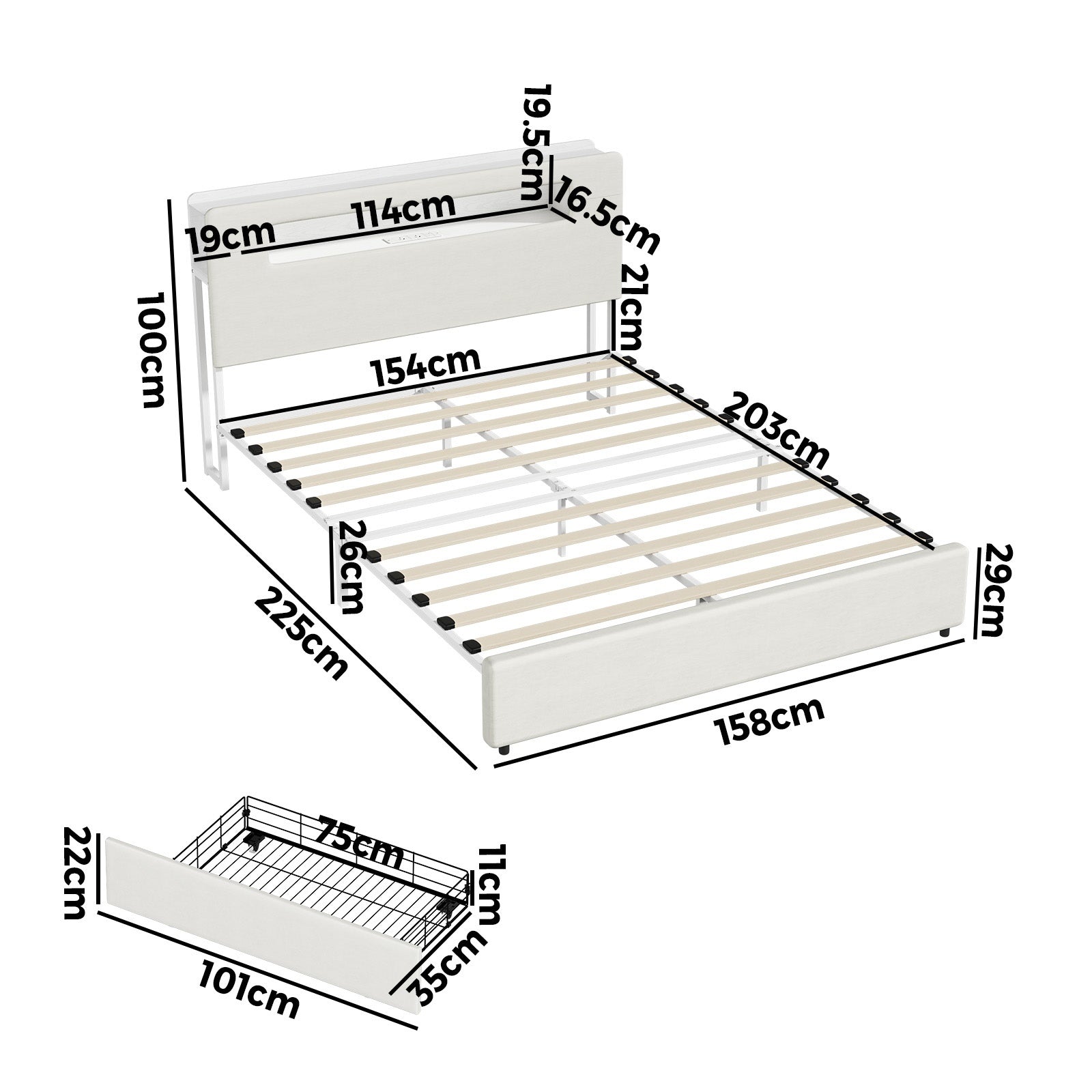 Oikiture Bed Frame 4 Drawers Queen Size with LED Charging Storage Bedhead - Sunyee