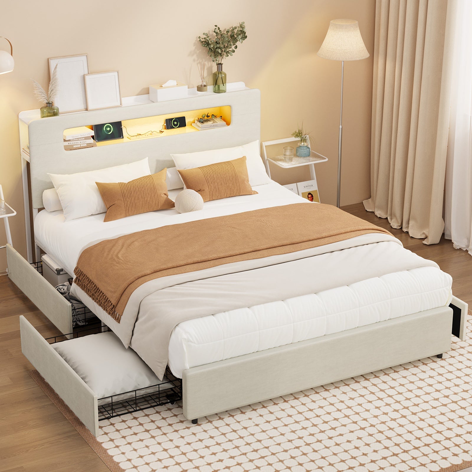 Oikiture Bed Frame Drawers Double Queen King with LED Charging Storage Bedhead - Sunyee