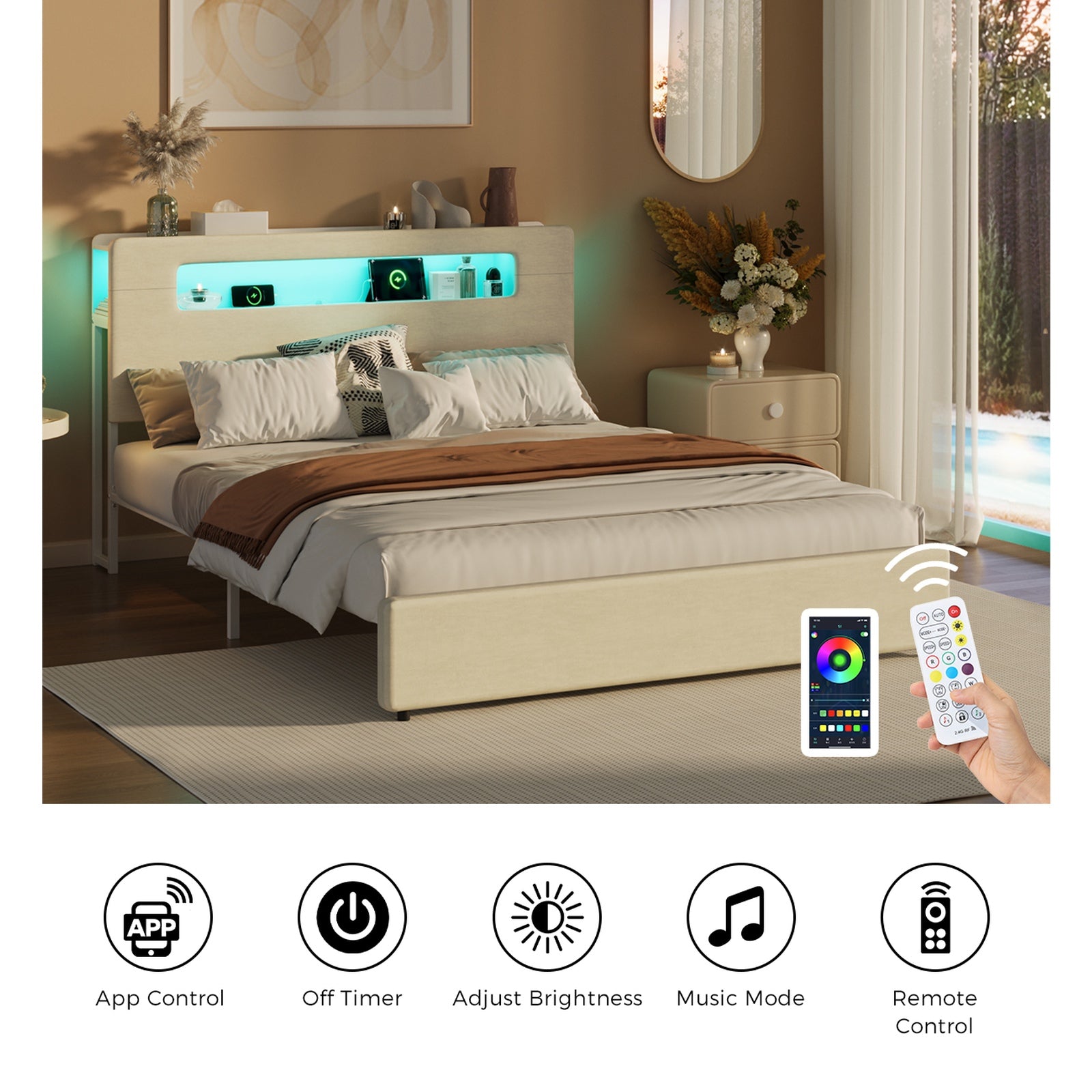 Oikiture Bed Frame Queen Size with LED Lights USB Charging Storage Headboad - Sunyee