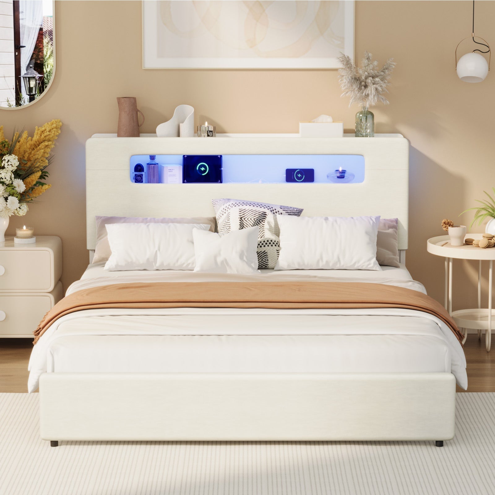 Oikiture Bed Frame Queen Size with LED Lights USB Charging Storage Headboad - Sunyee