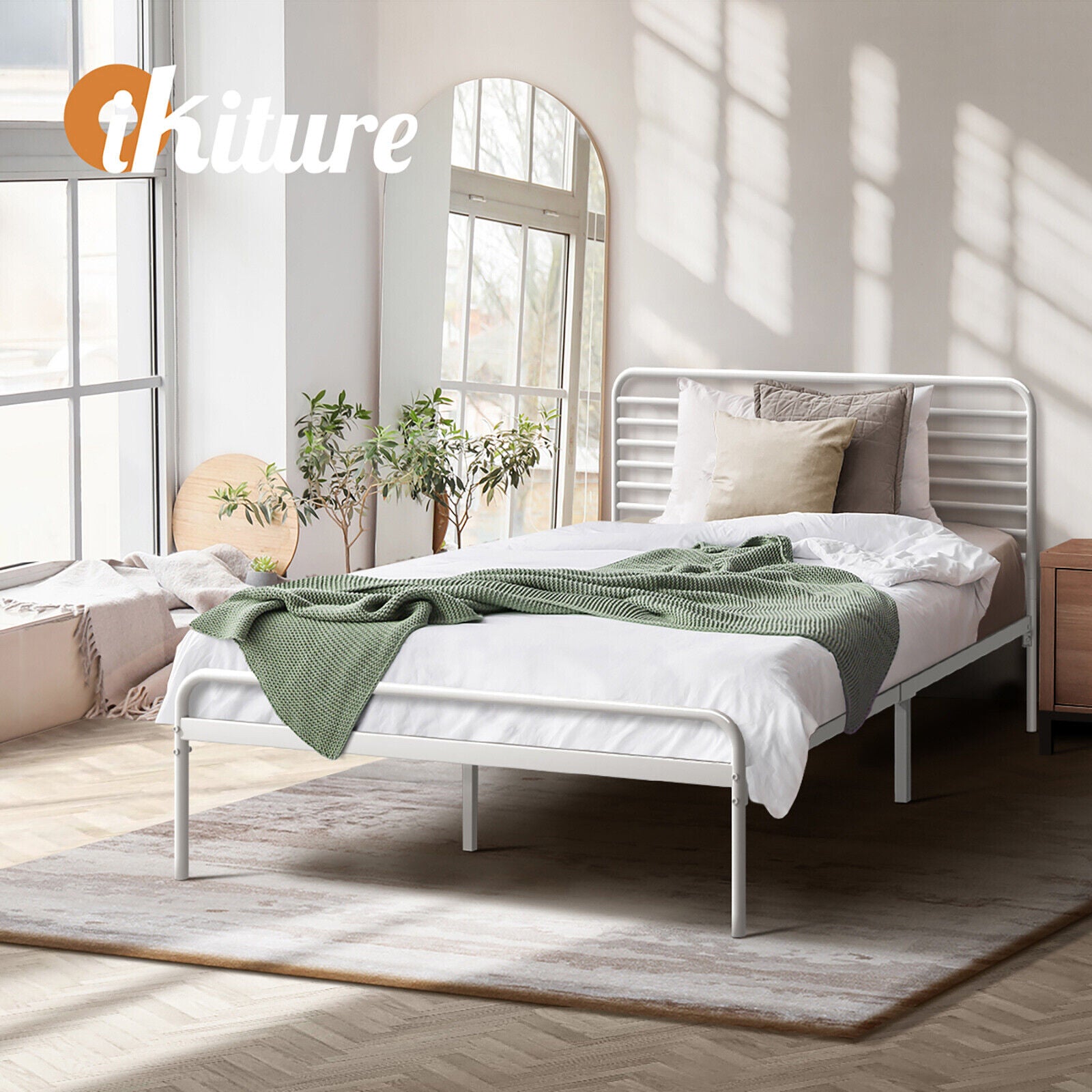 Oikiture Metal Bed Frame King Single Bed Base Beds Platform White - Sunyee
