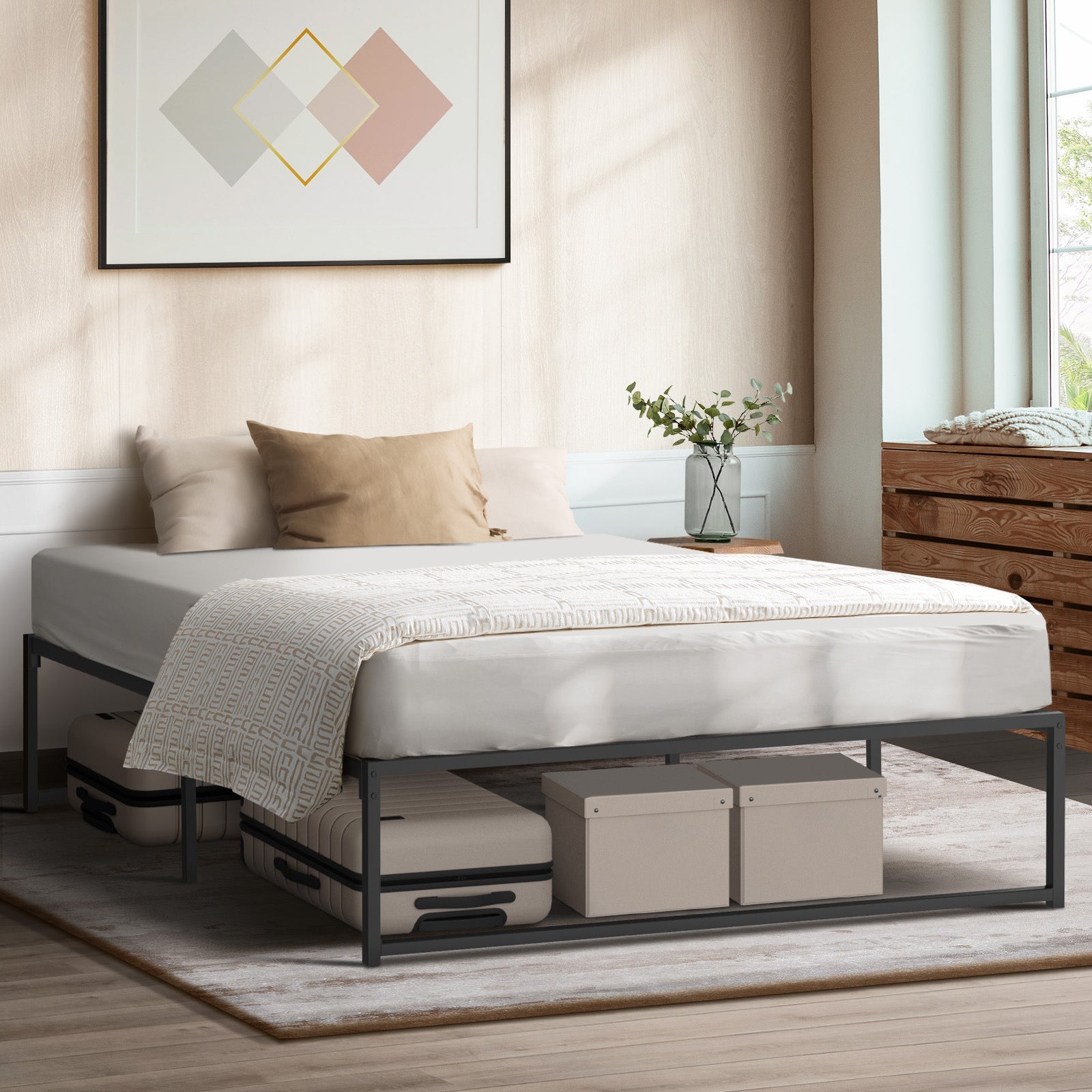 Oikiture Metal Bed Frame Double Size Beds Base Platform Black - Sunyee
