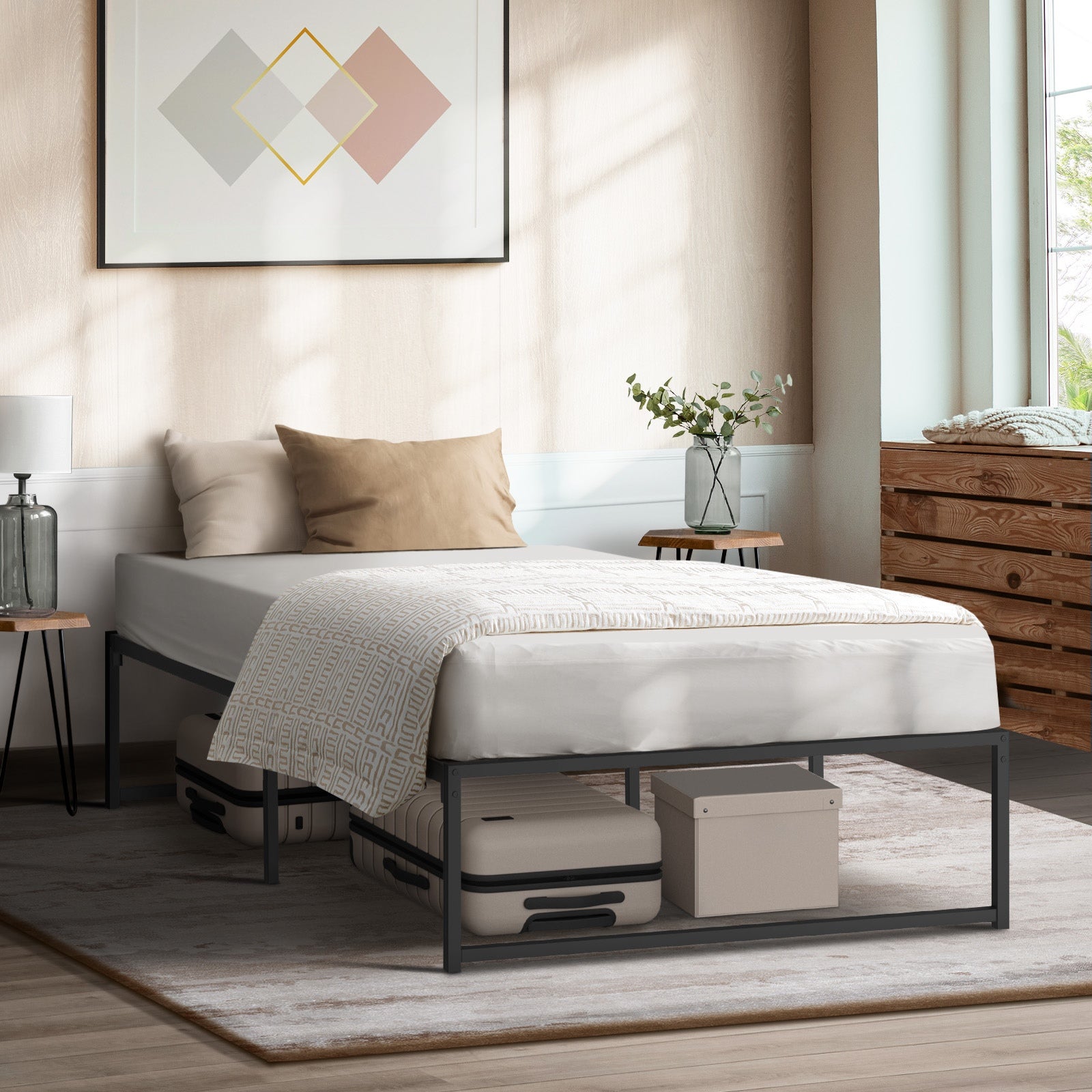 Oikiture Metal Bed Frame King Single Beds Base Platform Black - Sunyee