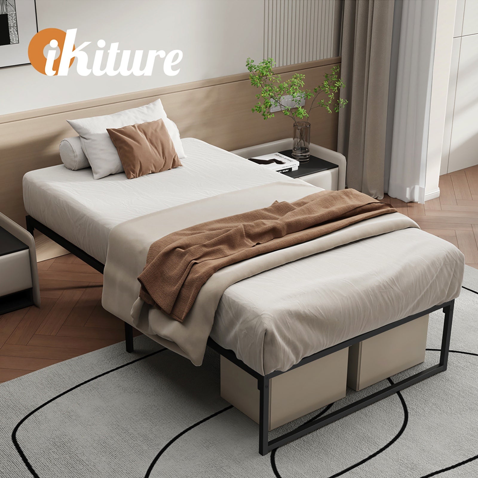Oikiture Metal Bed Frame King Single Beds Base Platform Black - Sunyee
