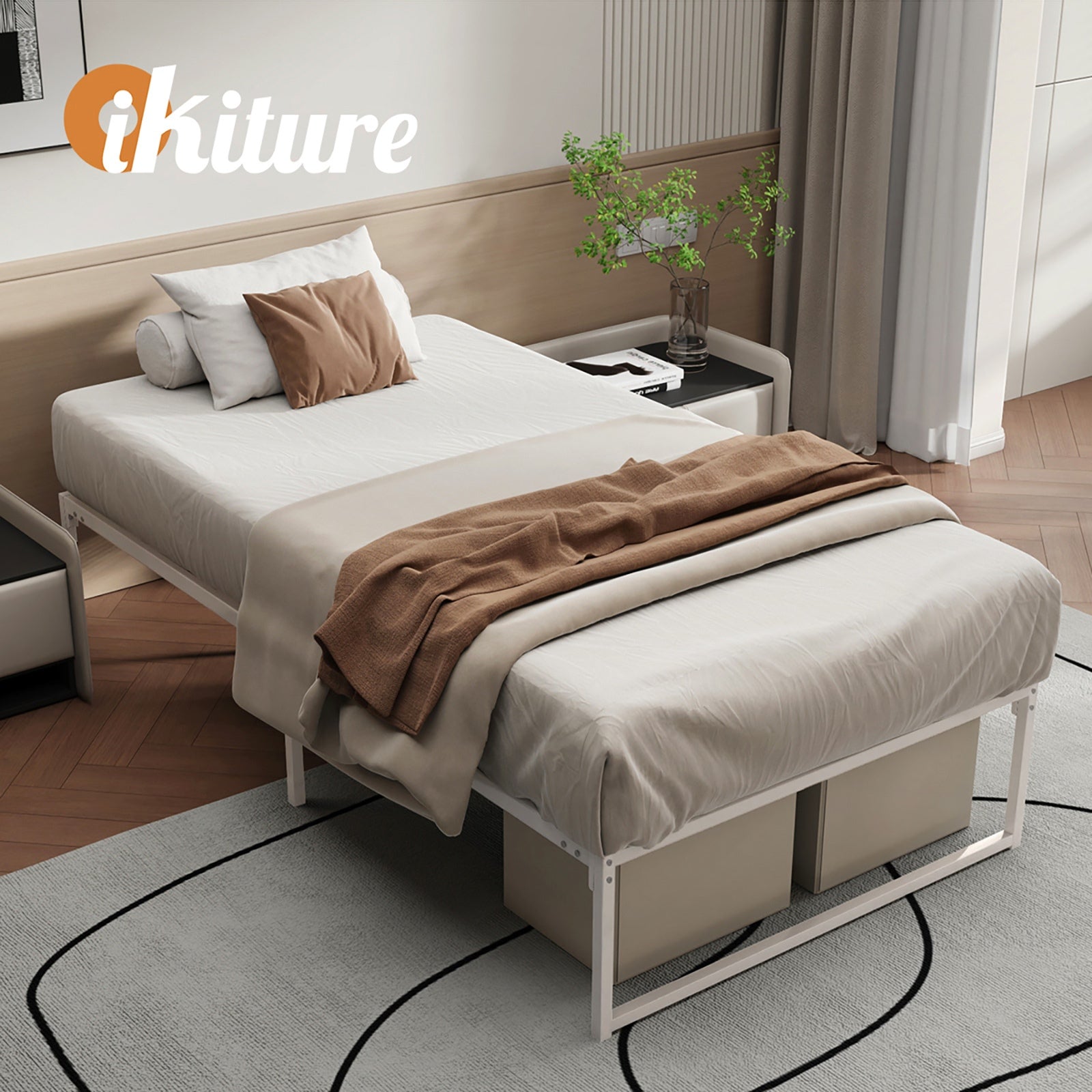 Oikiture Metal Bed Frame King Single Beds Base Platform White - Sunyee