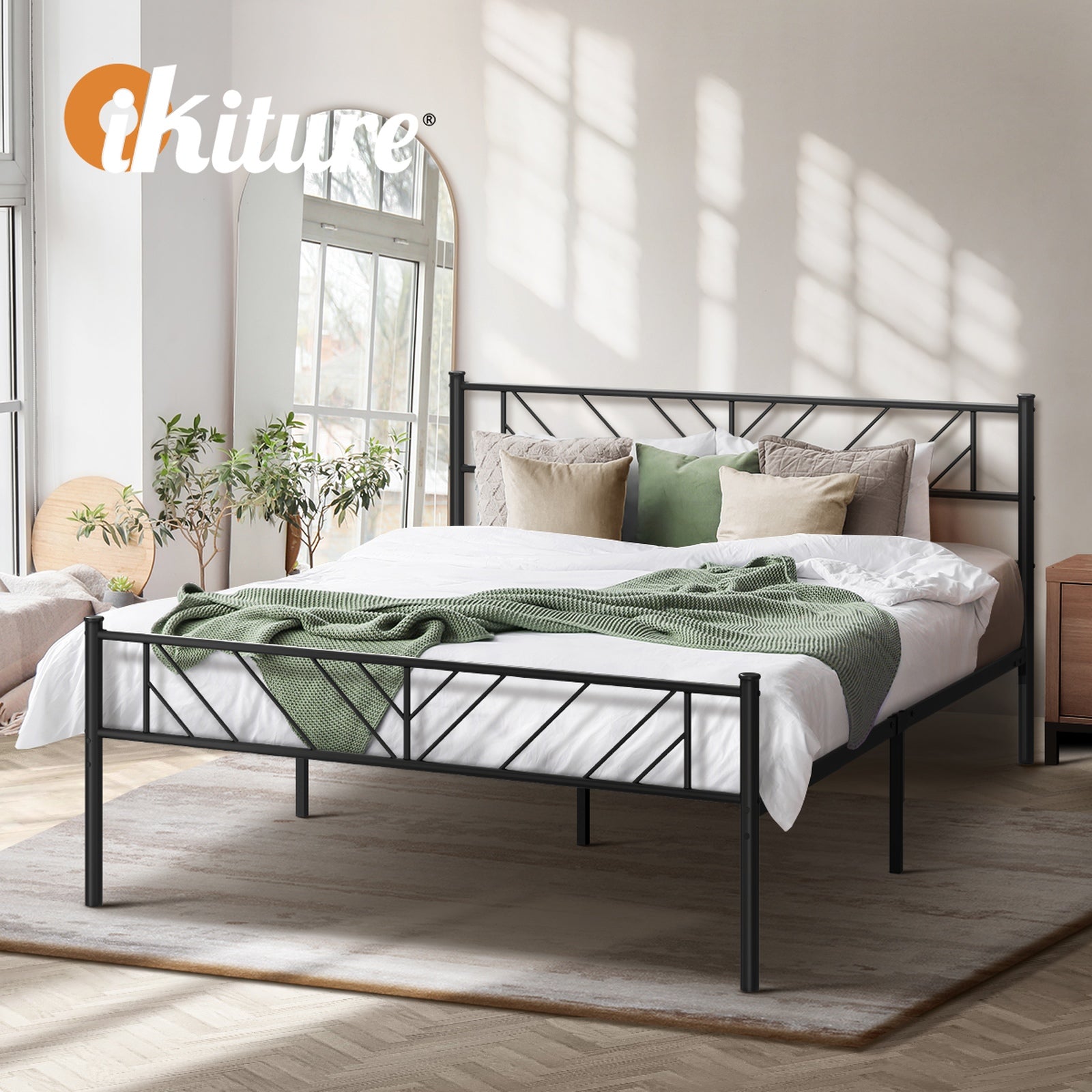 Oikiture Metal Bed Frame Queen Double King Single Base Platform Bedroom Black - Sunyee
