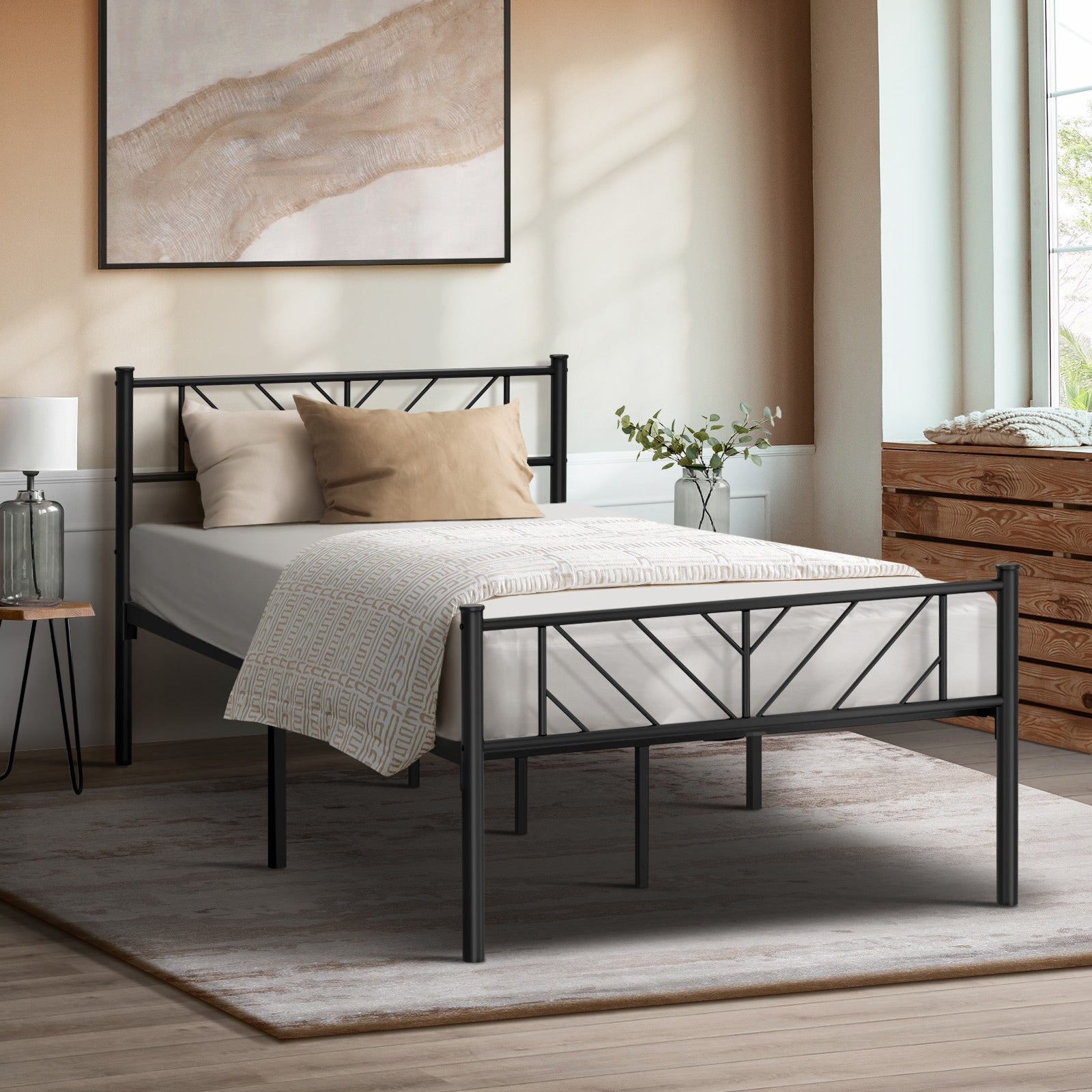 Oikiture Metal Bed Frame Queen Double King Single Base Platform Bedroom Black - Sunyee