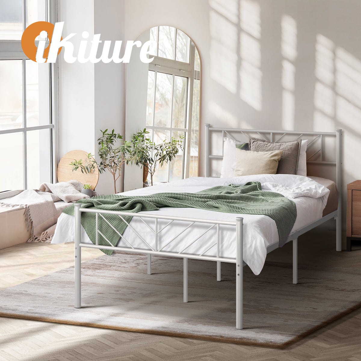 Oikiture Metal Bed Frame King Single Size Metal Base Mattress Platform White