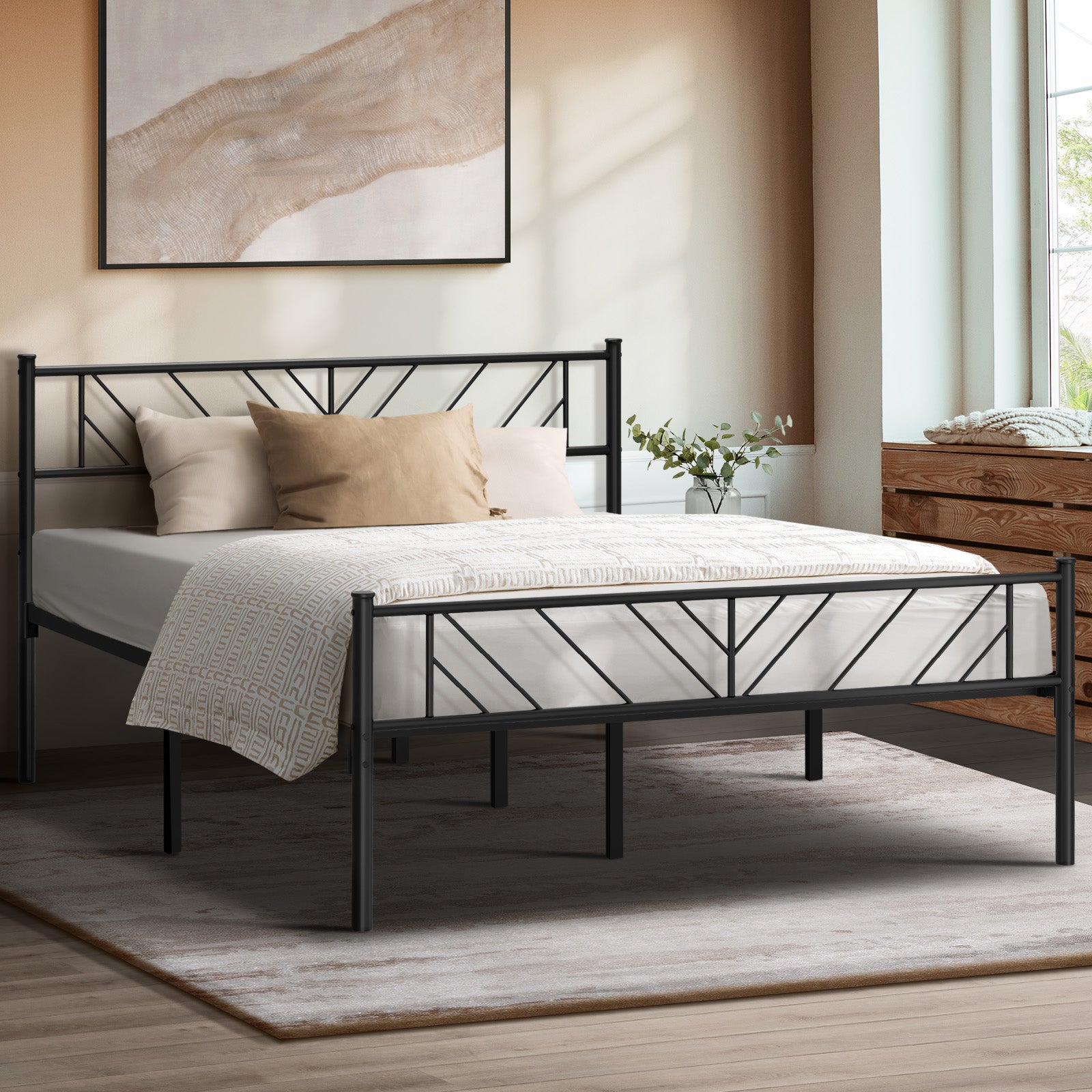 Oikiture Metal Bed Frame Queen Size Bed Base Platform Black SIS - Sunyee