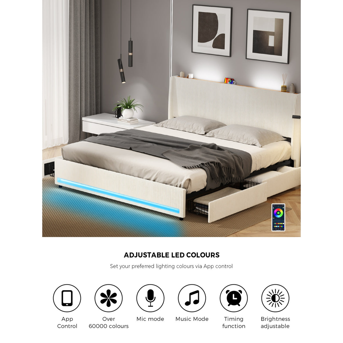 Oikiture LED Bed Frame King Size with Charging Station & 4 Drawers