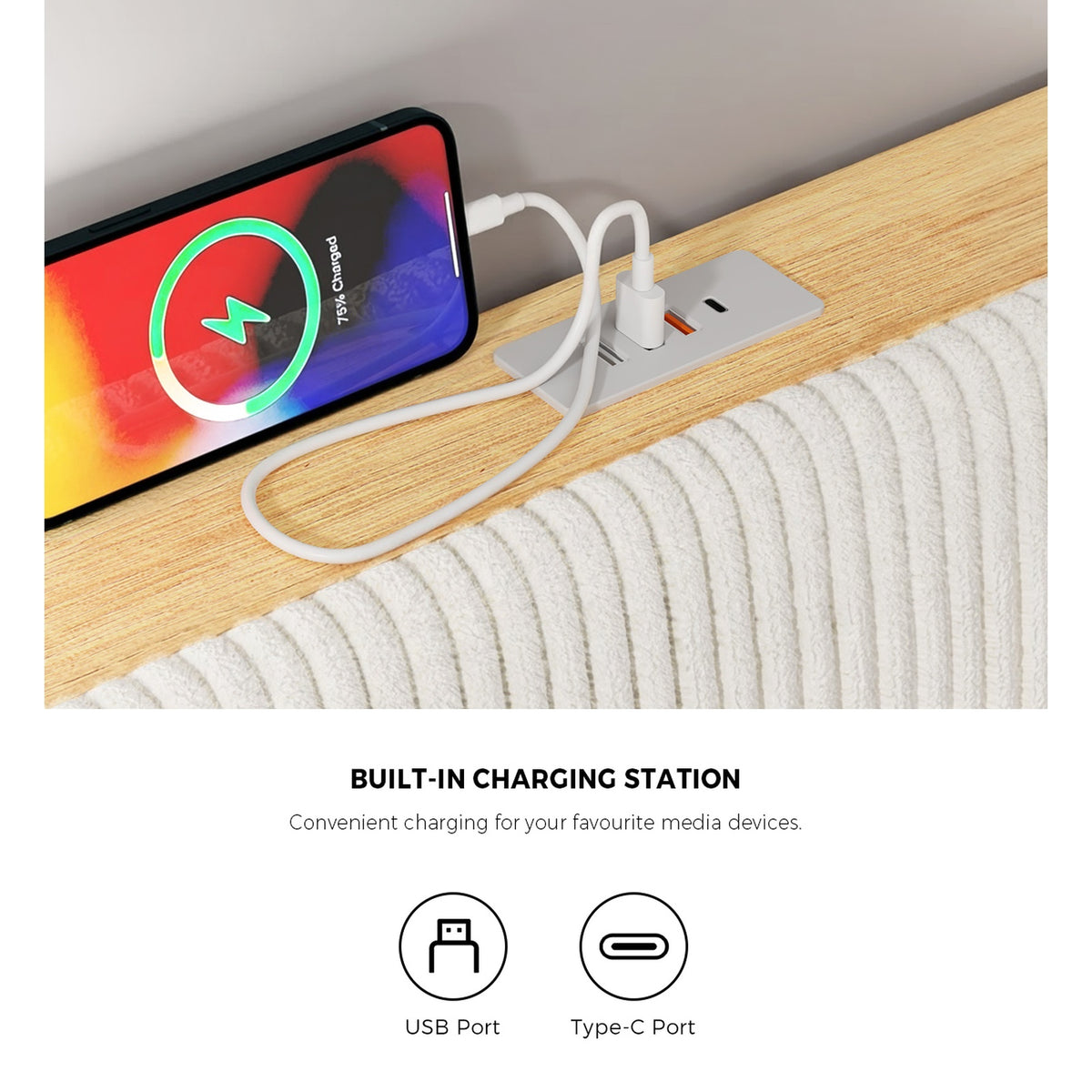 Oikiture LED Bed Frame King Size with Charging Station & 4 Drawers