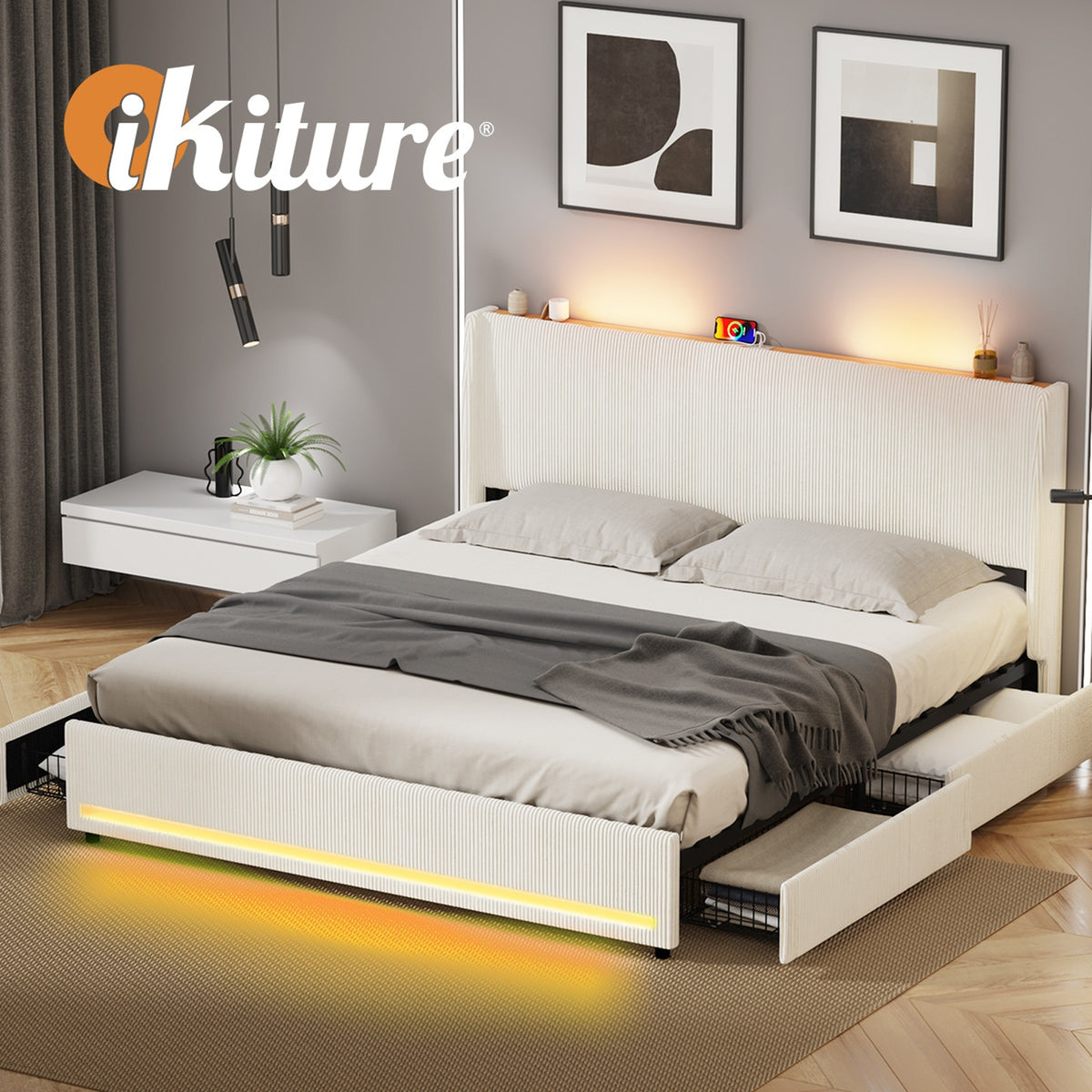 Oikiture LED Bed Frame King Size with Charging Station & 4 Drawers