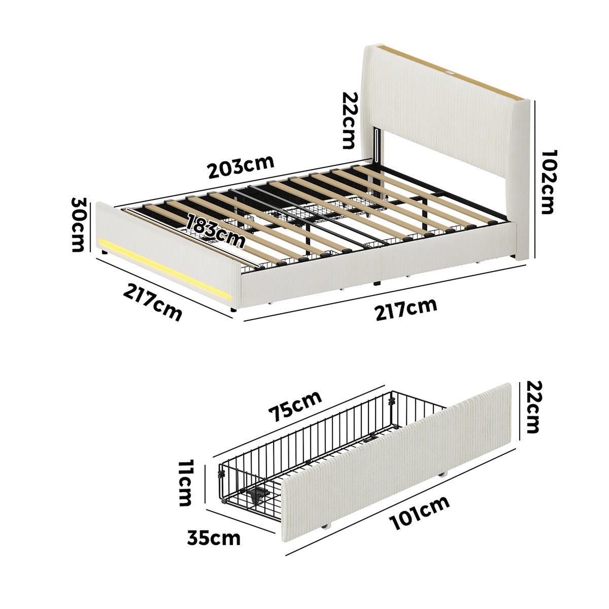 Oikiture LED Bed Frame King Size with Charging Station & 4 Drawers
