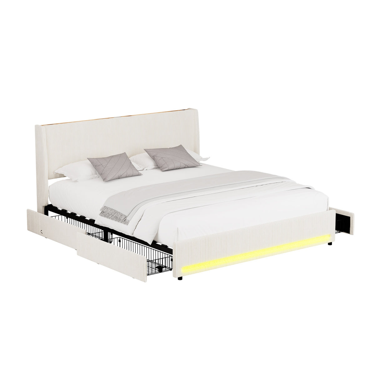 Oikiture LED Bed Frame King Size with Charging Station & 4 Drawers