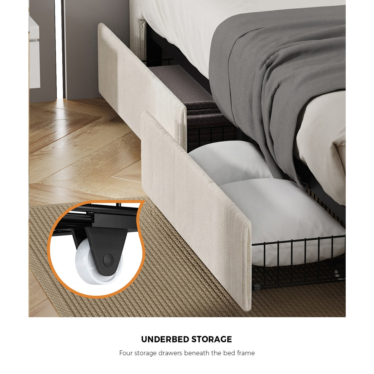 Oikiture LED Bed Frame Queen Size with Charging Station & 4 Drawers