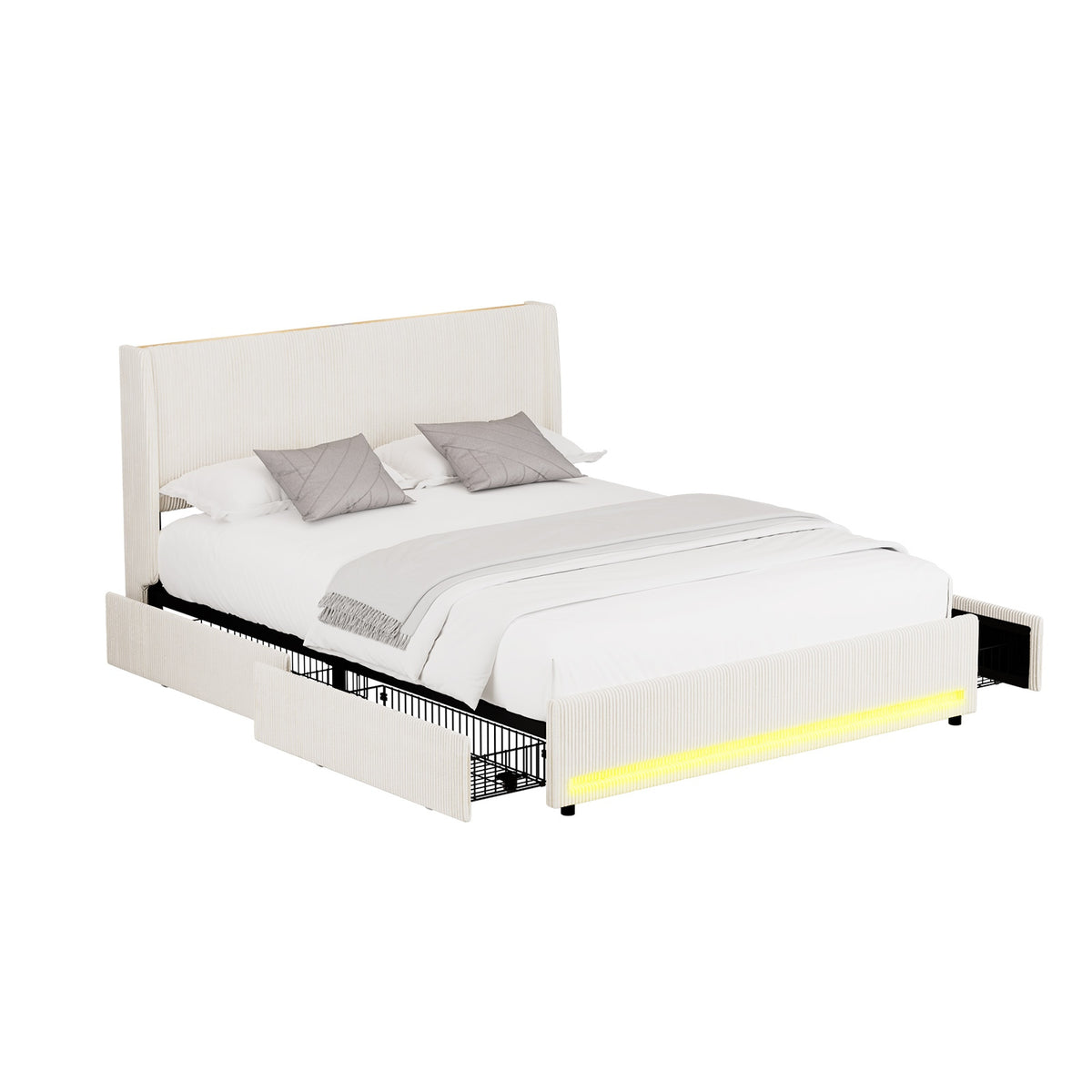 Oikiture LED Bed Frame Queen Size with Charging Station & 4 Drawers