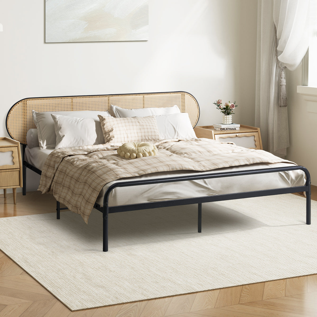 Oikiture Bed Frame Double Size Metal Base Platform with Rattan Headboard - Sunyee