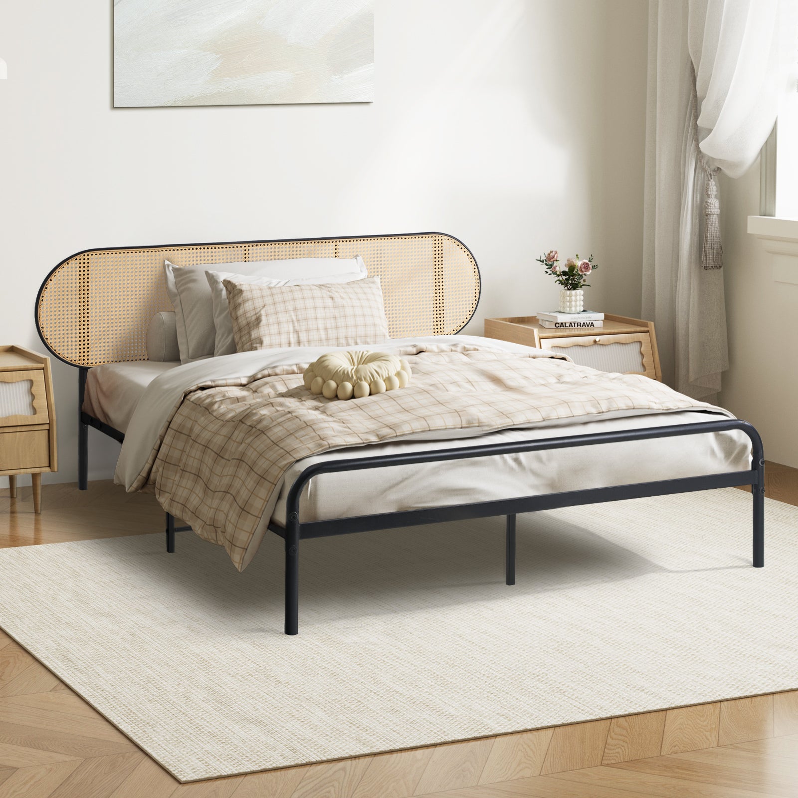 Oikiture Bed Frame King Single Metal Base Platform with Rattan Headboard - Sunyee