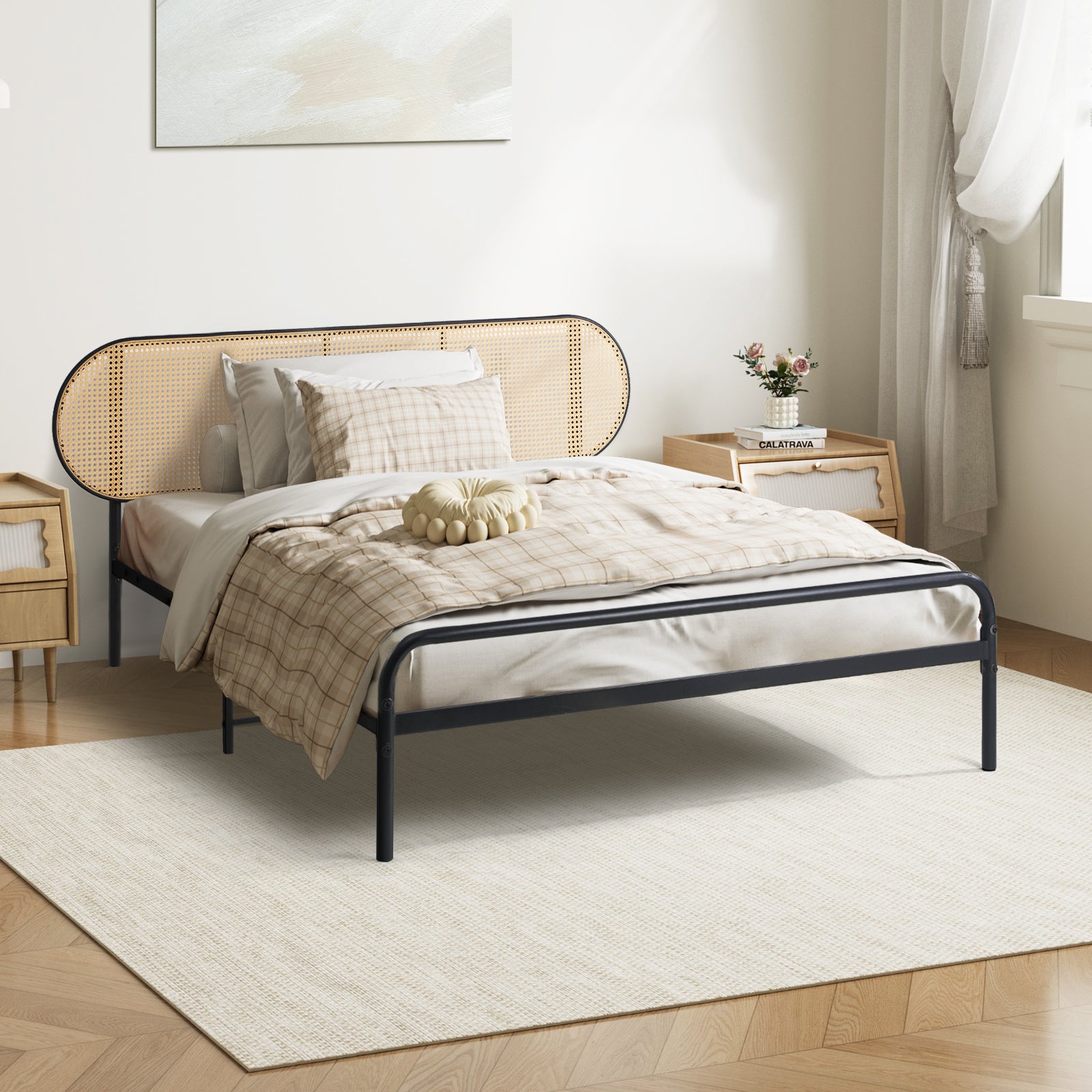 Oikiture Bed Frame Single Size Metal Base Platform with Rattan Headboard - Sunyee