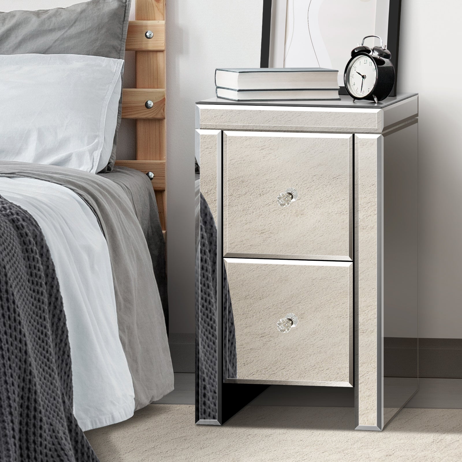 Oikiture Bedside Table Mirrored Storage Cabinet 2 Drawers Nightstand End Table - Sunyee