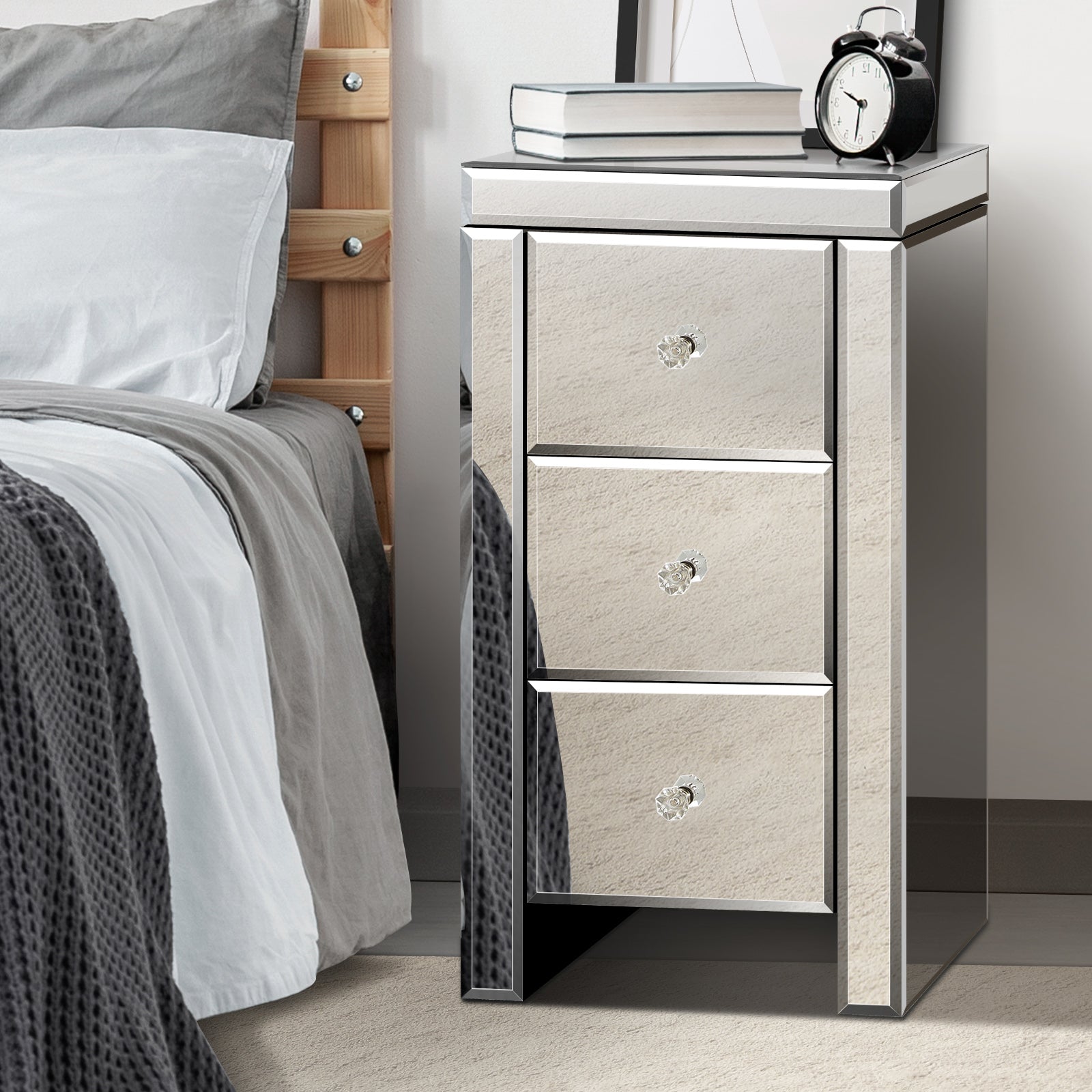 Oikiture Bedside Table 3 Drawers Side Table Nightstand Mirrored Storage Cabinet - Sunyee