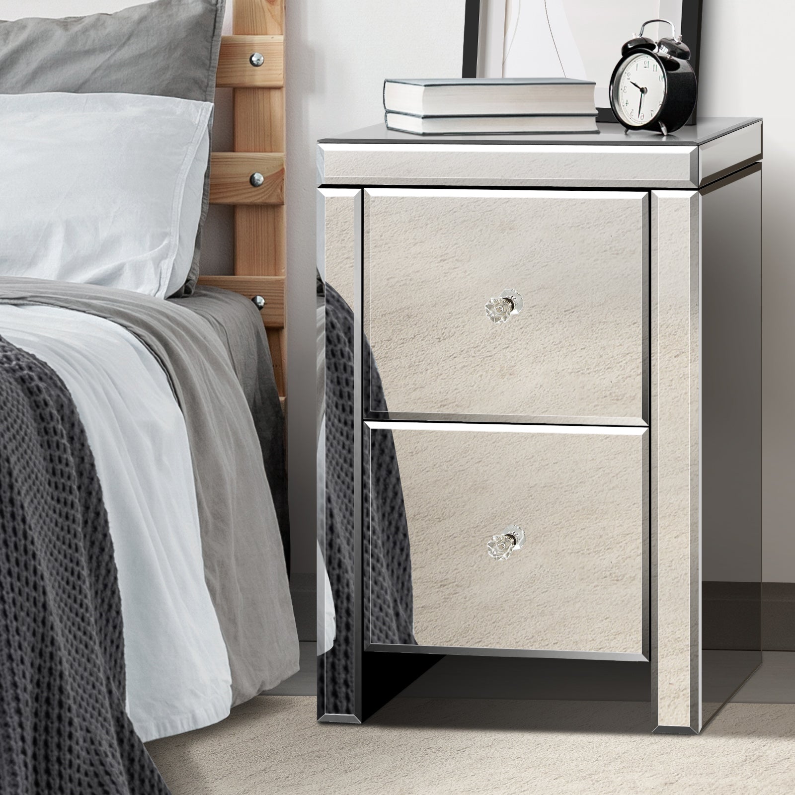 Oikiture Mirrored Storage Cabinet Bedside Table End Table w/ Acrylic Handles - Sunyee