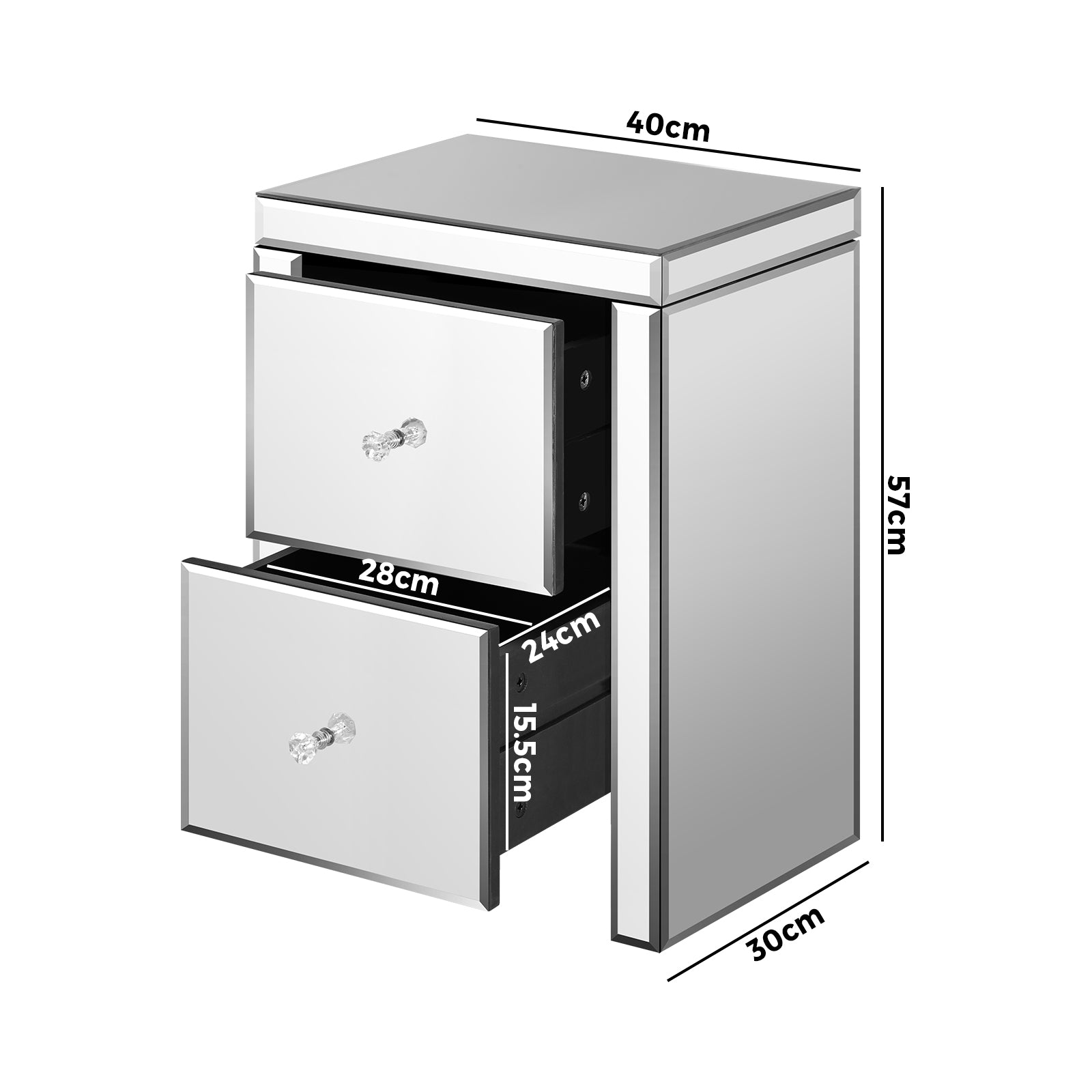 Oikiture Mirrored Storage Cabinet Bedside Table End Table w/ Acrylic Handles - Sunyee