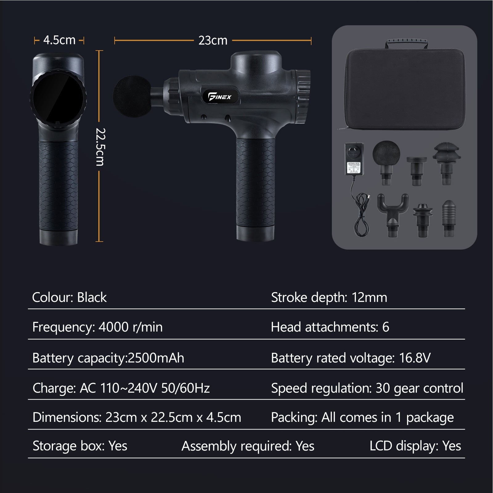 Finex Massage Gun 6 Heads Massager Percussion Vibration Muscle Therapy Tissue - Sunyee